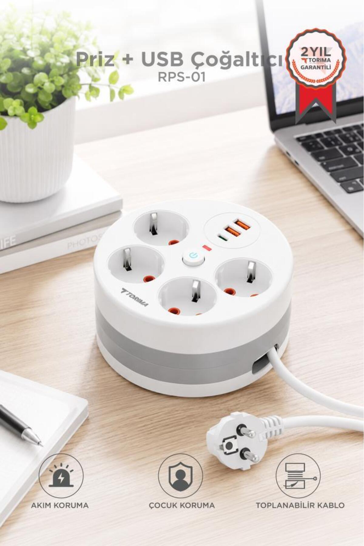 Torima Akım Korumalı Makaralı Priz 3 Port USB Çoğaltıcı Grup Priz