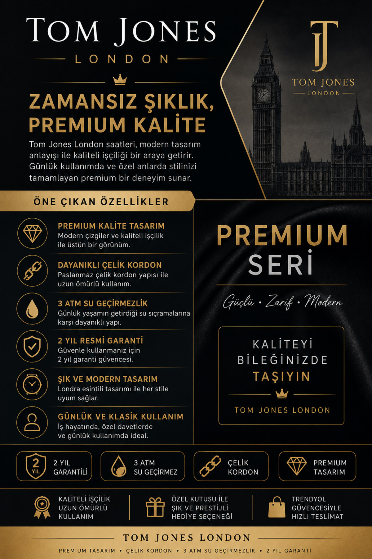 Tom Jones London ERKEK KOL SAAT ORJİNAL ÇELİK GÜMÜŞ SİYAH RENK 3ATM SU GEÇİRMEZ 2 YIL GARANTİLİ FATURALI görsel 3