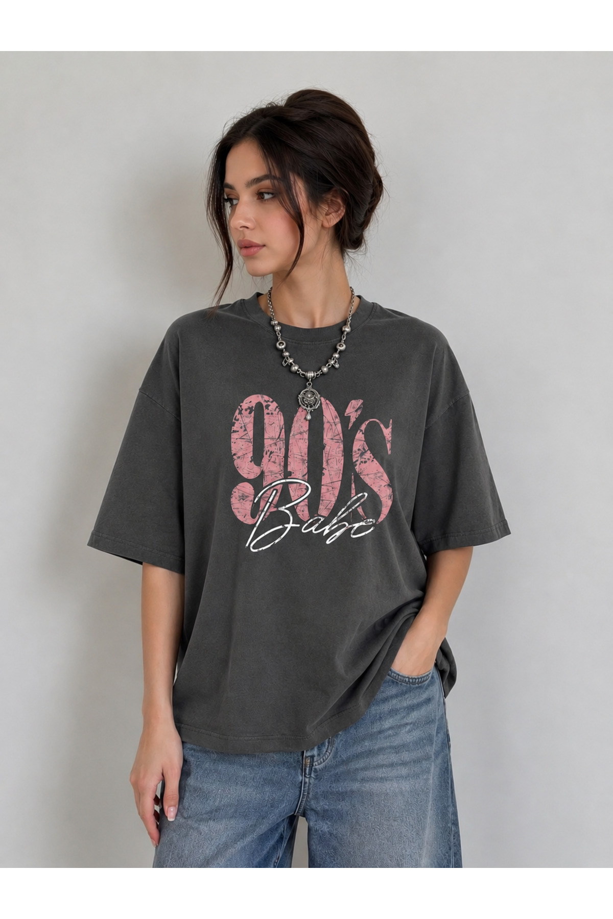 SANTAMİLA  Füme Babe Baskılı Oversize Tshirt