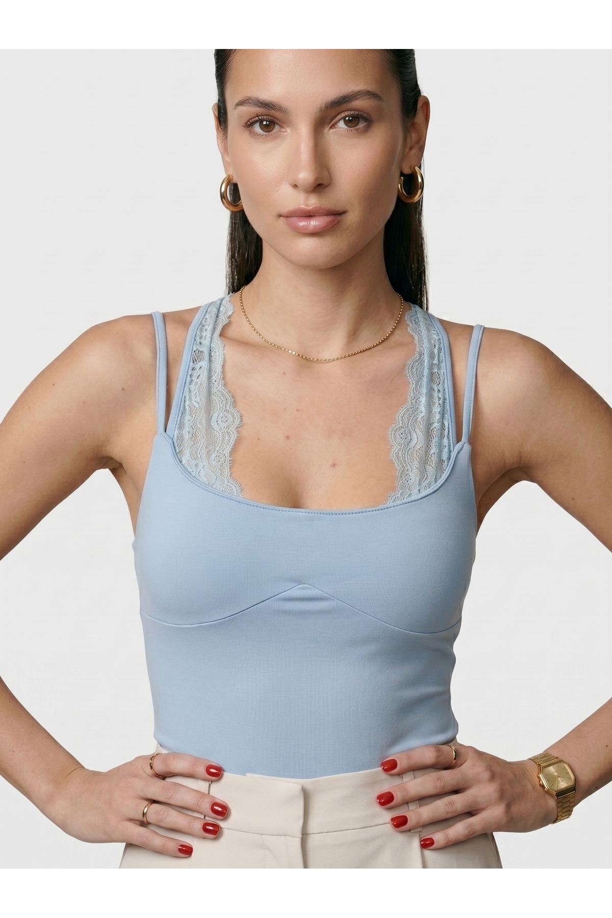 Kadın Dantel Yaka İnce Askılı Çıtçıtlı Body Slim Fit Dar Kalıp Likralı Bodysuit - Mavi 2