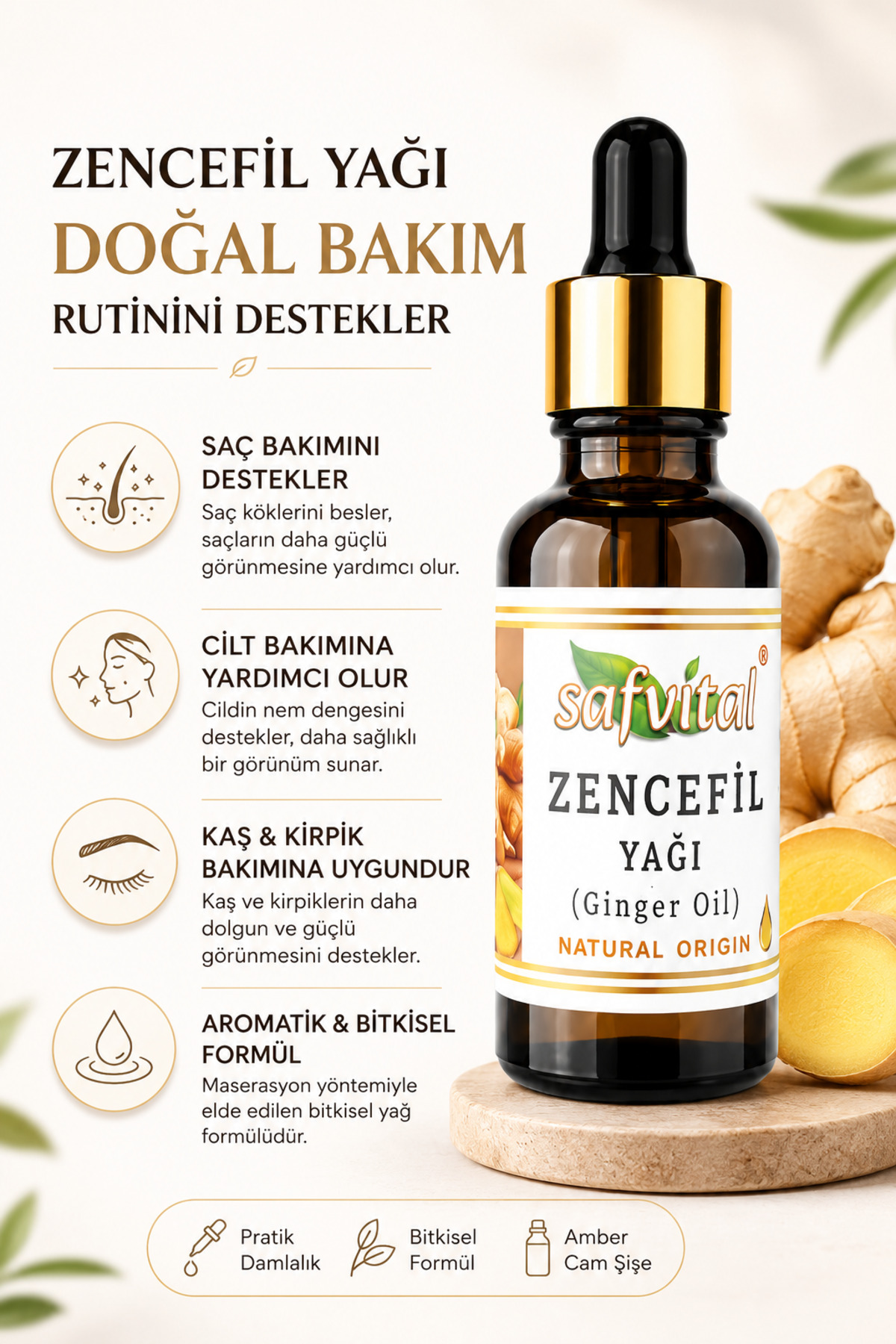 Zencefil Yağı 20 ml Aromatik Bitkisel Bakım Yağı Damlalıklı Amber Cam Şişe Maserasyon Kas ve Eklem Masajı Şişkinlik Hazımsızlık Karın Rahatlatıcı Bitkisel Premium Bakım Yağı — safvital-zencefil-yağı-20ml — تصویر 4 از 9