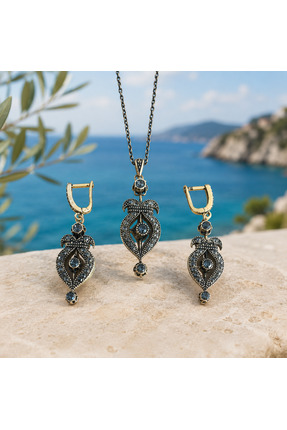Shinestar atelier Otantik Taşlı Kolye Küpe Takı Seti Antik Gümüş Kadın | Heri...
