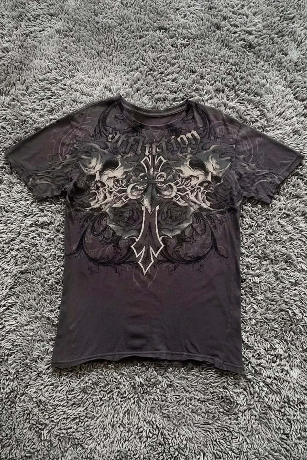 Köstebek Antrasit Affliction Double Skull Cross Y2K Unisex T-Shirt