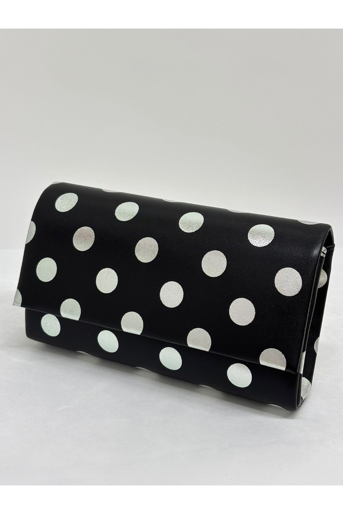 Women Polka Dot Black Silver Evening Dress Clutch Chain Strap Hand & Shoulder Wedding Engagement Night Bag