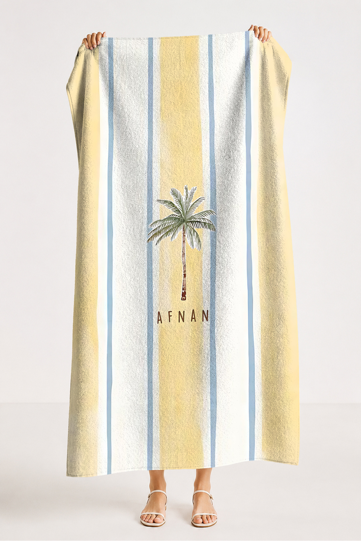 Palm Striped Tropical Beach Towel - Yellow Blue Minimalist Marine Fast Drying Microfiber Towel