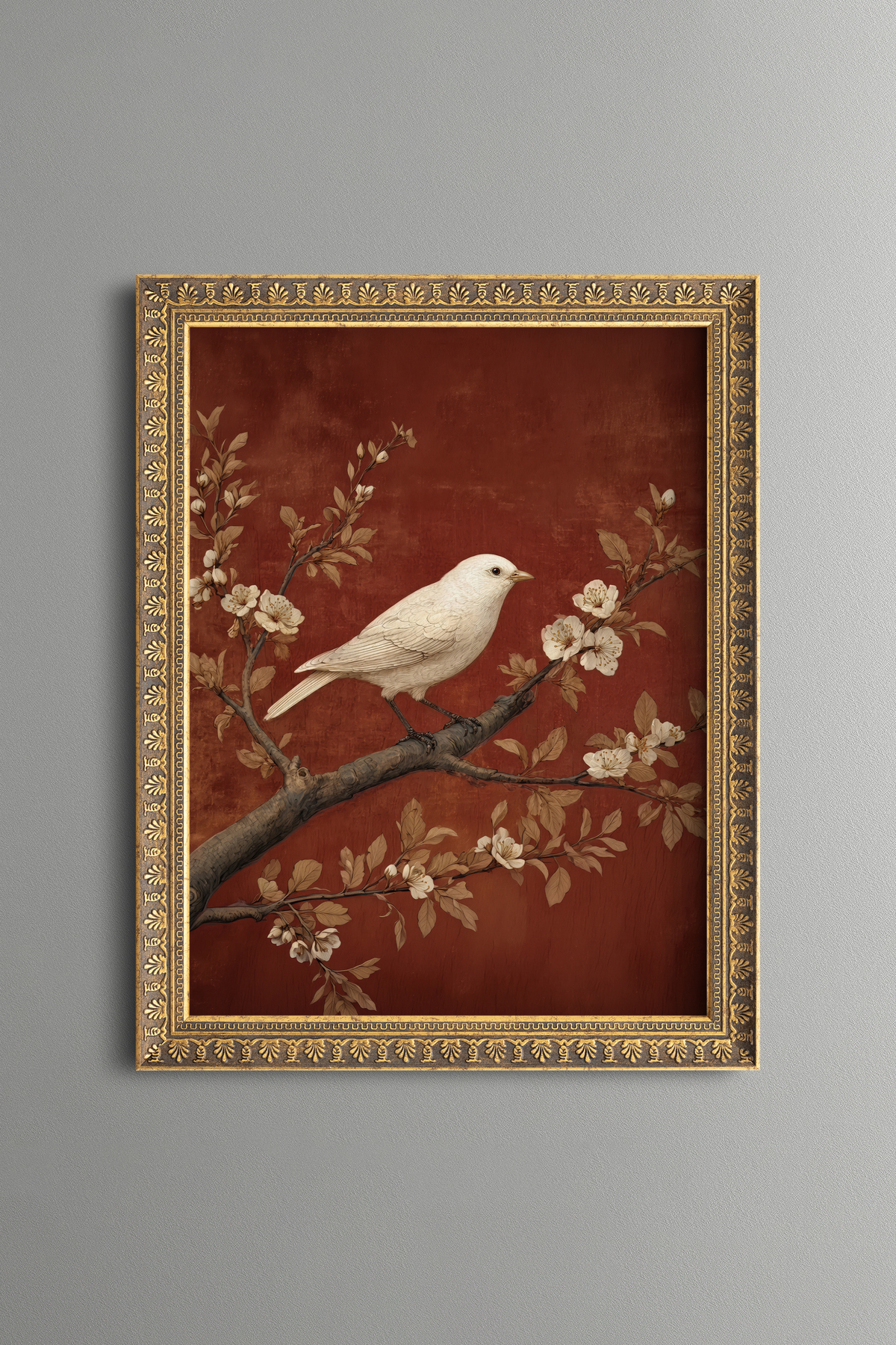 White Bird and Flowering Branch Table - Vintage Patterned Frame - Thin Model