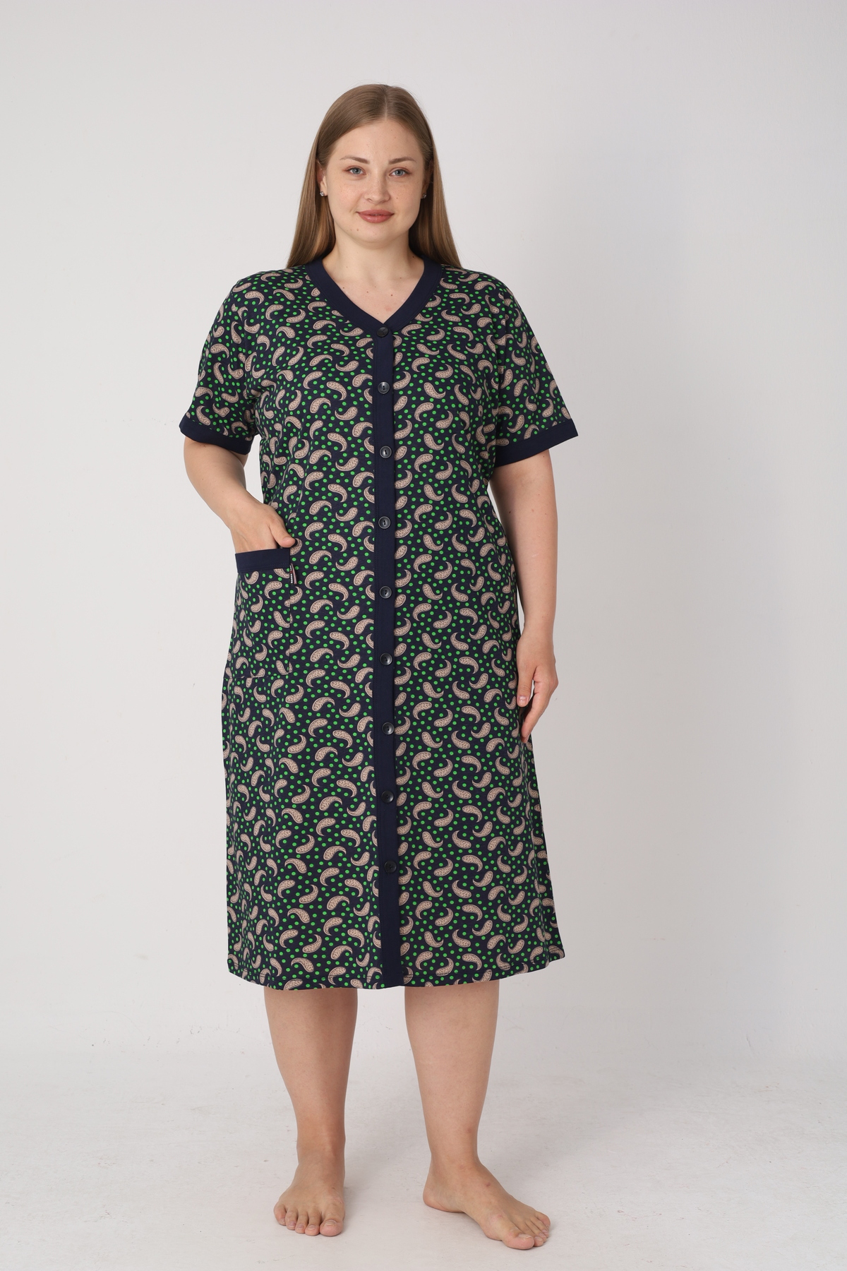 Women's Plus Size 100% Cotton Combed Fabric Buttoned Summer Dress /Green-Brown 4180