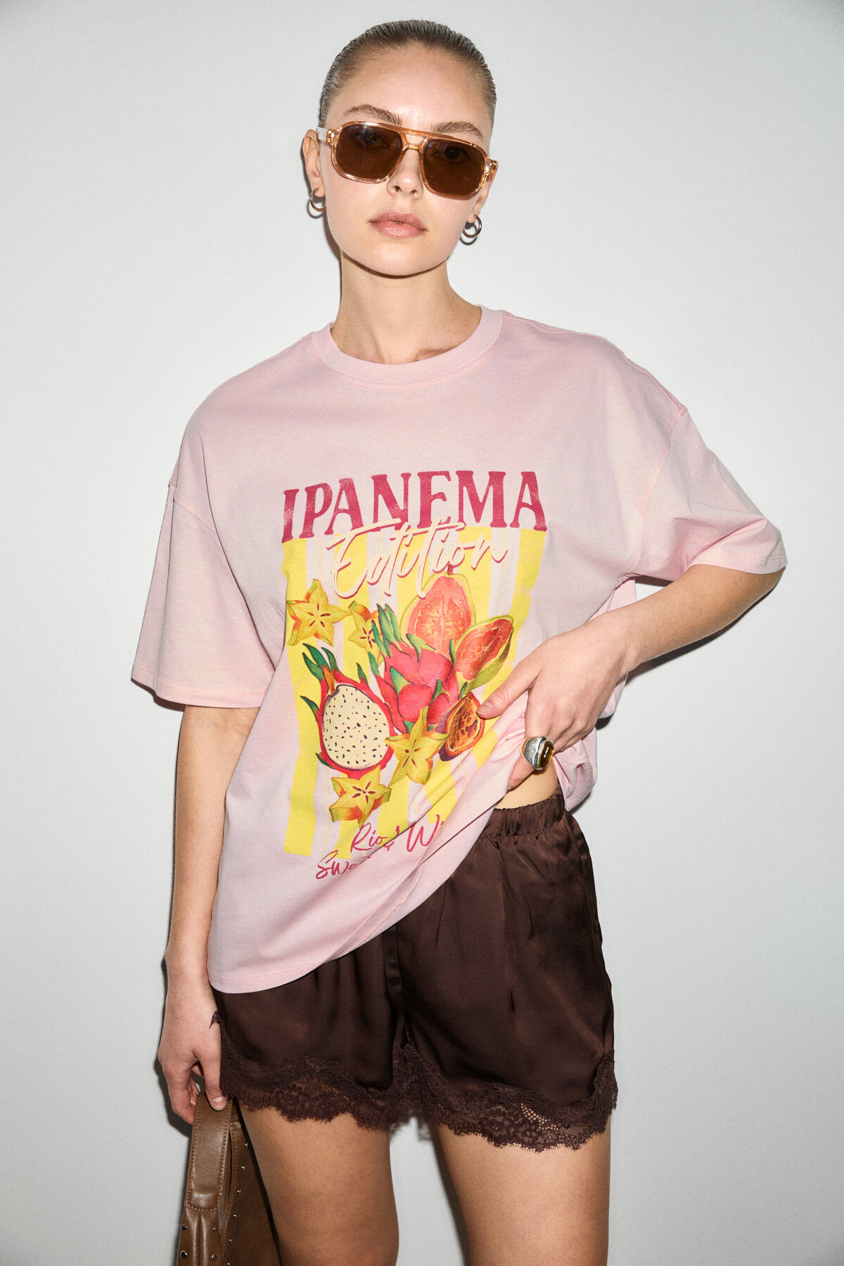 GRIMELANGE Wuna Women's Soft Fabric 100% Organic Cotton Pink T-Shirt with Print Detail