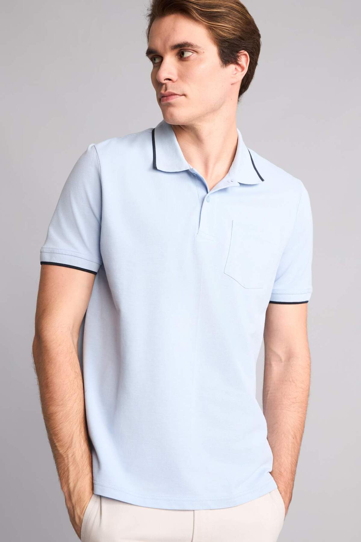Defacto 100% Cotton Regular Fit Pique Short Sleeve Polo Light Blue T-Shirt H4725Ax26Sm