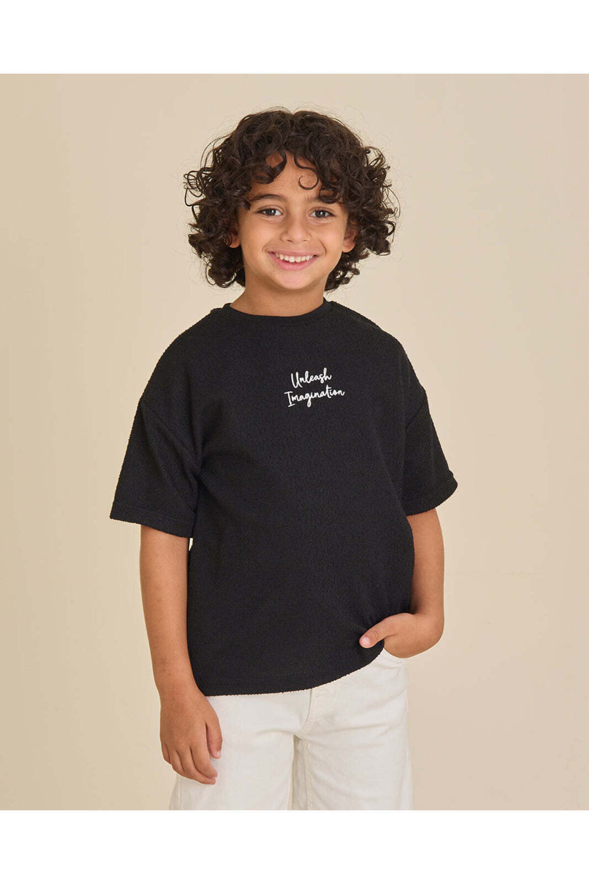 REDTAG Boys Black Placement Print Oversized T-Shirt