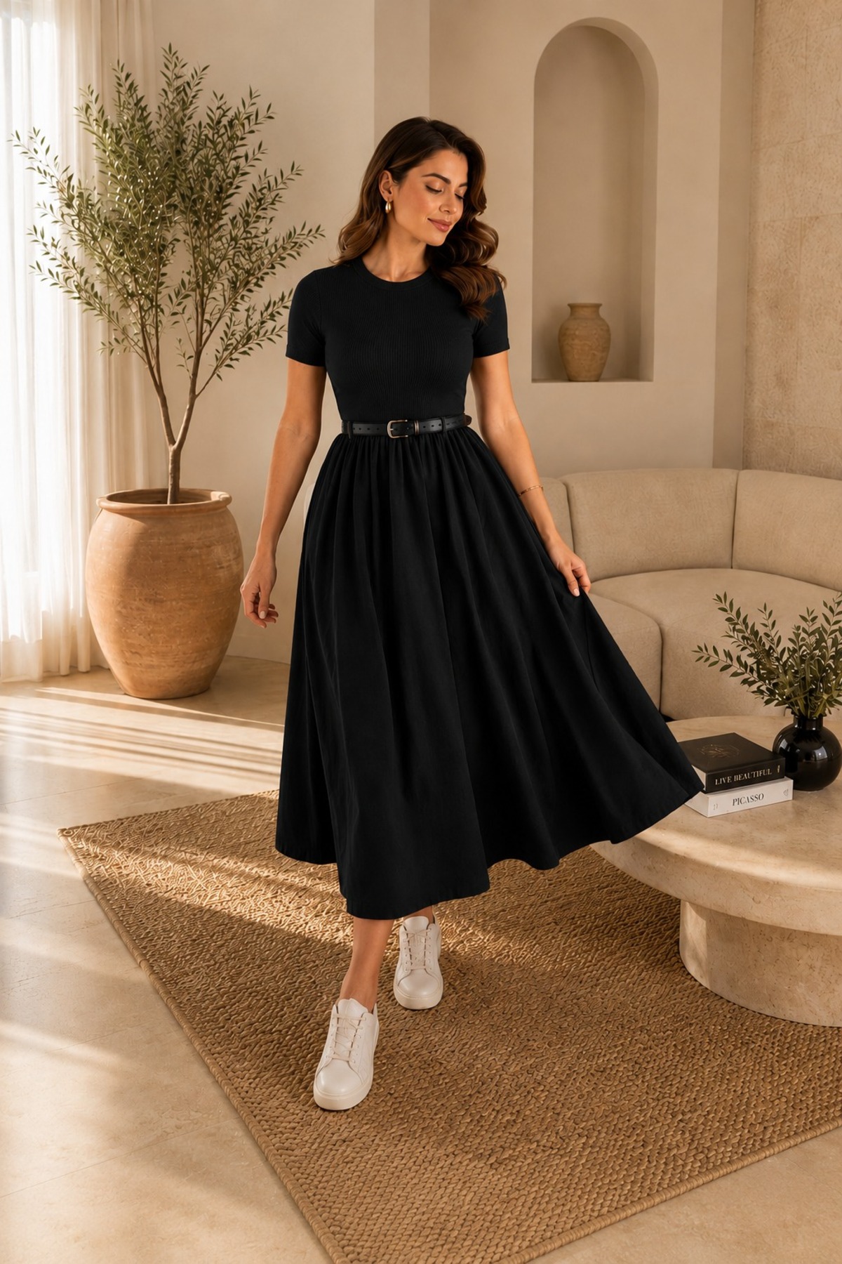 unika boutique Kadın Kemerli Poplin Midi Elbise görsel 2