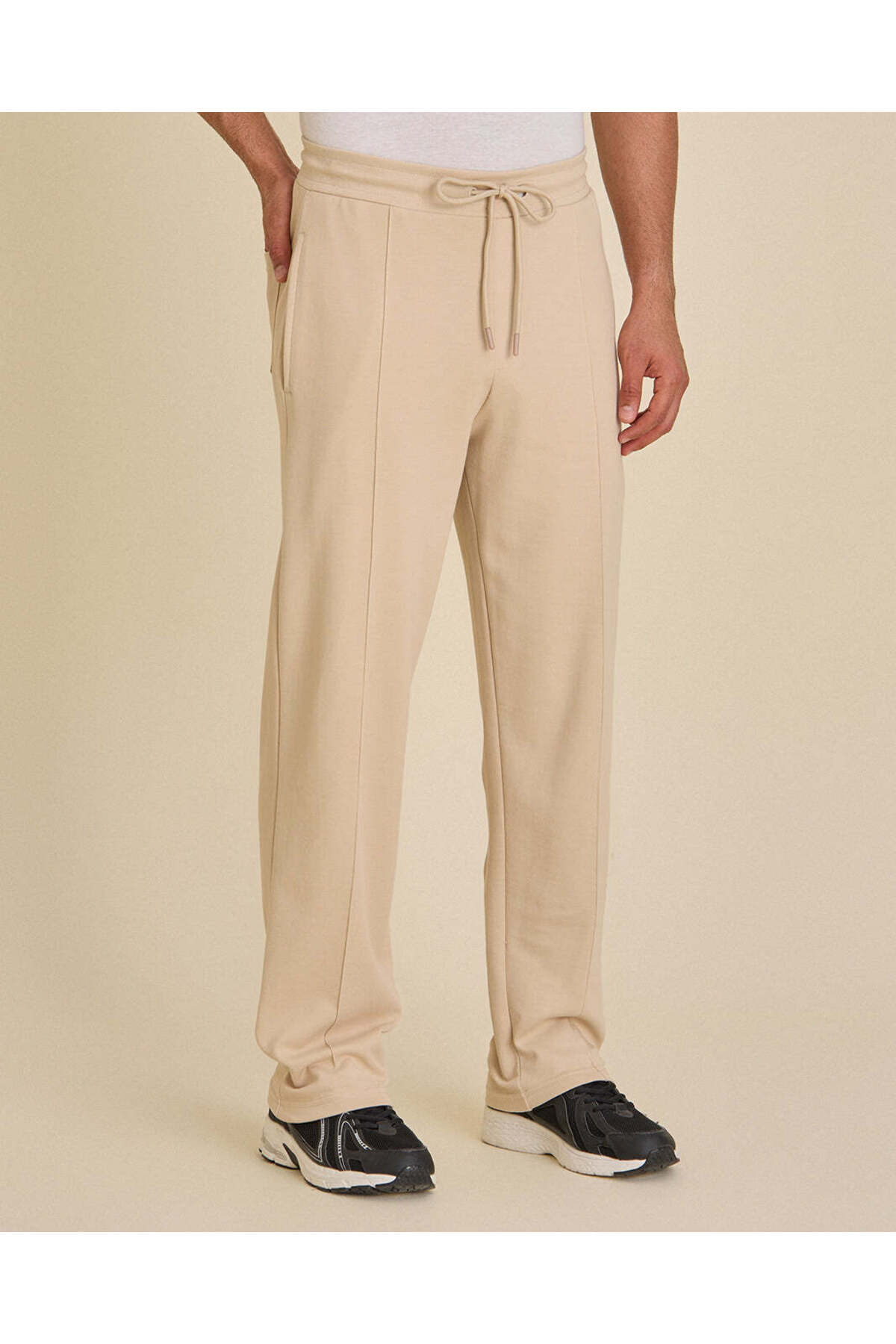 REDTAG Men Beige Pleated Interlock Track Pants