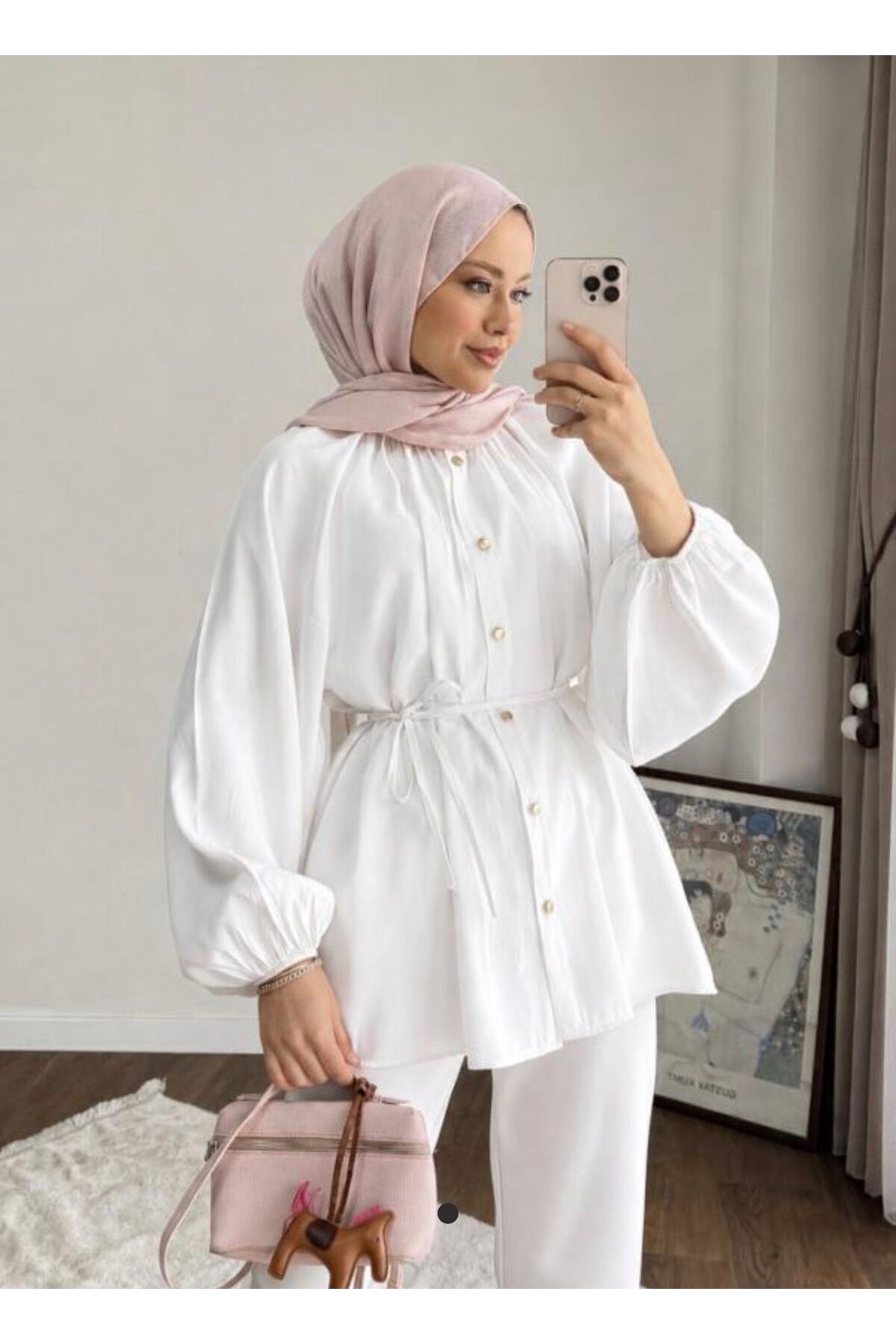 onlymoon  Reglan Kol Oversize Bel Bağlamalı Tesettür Gömlek Kadın Beyaz Salaş Kesim Düğmeli Uzun Kollu Tunik Gömlek Günlük Şık Ofis Kombin Pamuk Dokulu Rahat Kalıp Mevsimlik Modest Giyim