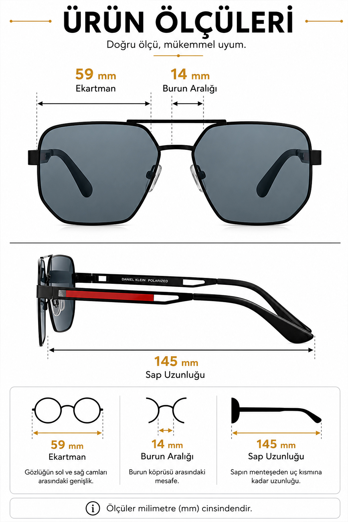 Daniel Klein Polarize - UV400 Koruma Metal Çerçeve Siyah Renk Orijinal Erkek Güneş Gözlüğü 59 Ekartman DKGG81C1 görsel 2