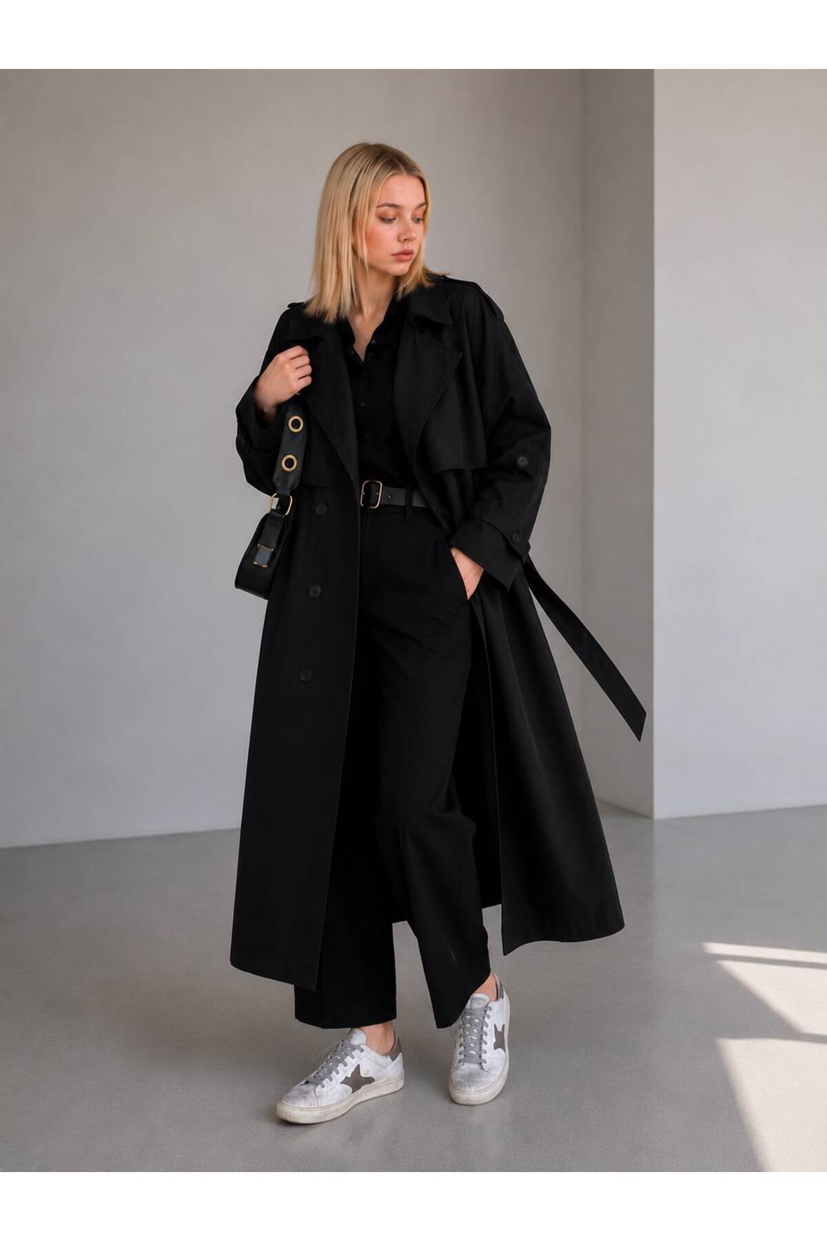 Premium Poplin Fabric Belted Long Trench Coat