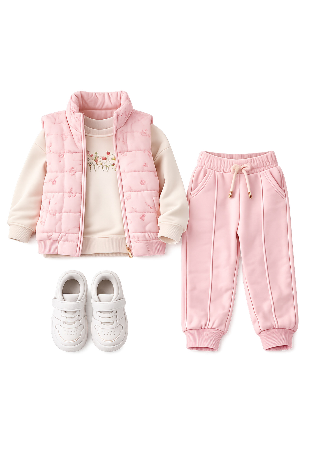 KÜÇÜK TERZİ Girl's 3-Piece Vest Tracksuit Set Floral Pattern Puffer Vest Sweatshirt Jogger Bottom Set 9-24 Months