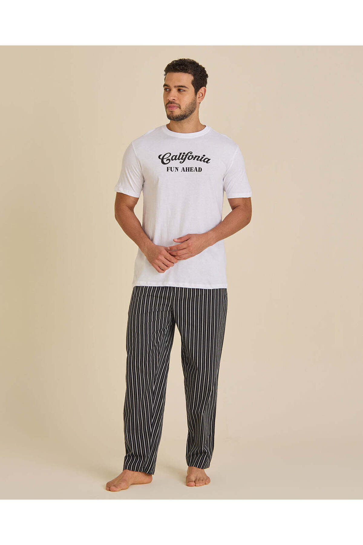 REDTAG Men White And Charcoal Stripe Pyjama Set