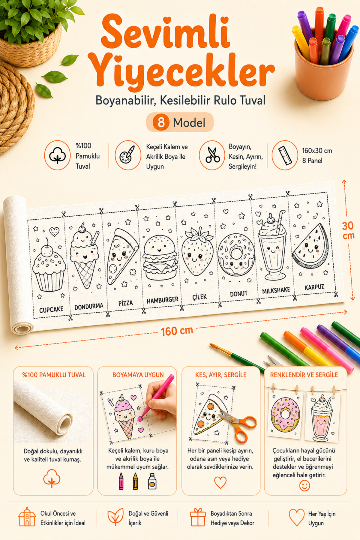 Boyanabilir Kesilebilir Rulo Tuval Sevimli Yiyecekler 8 Model Boyama Seti 160x30 cm
