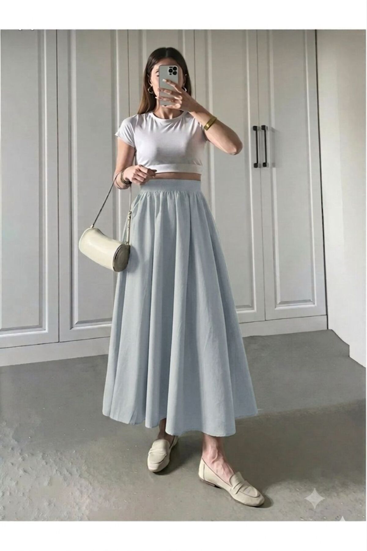 Elastic Waist Pocket Ice Blue Double Skirt