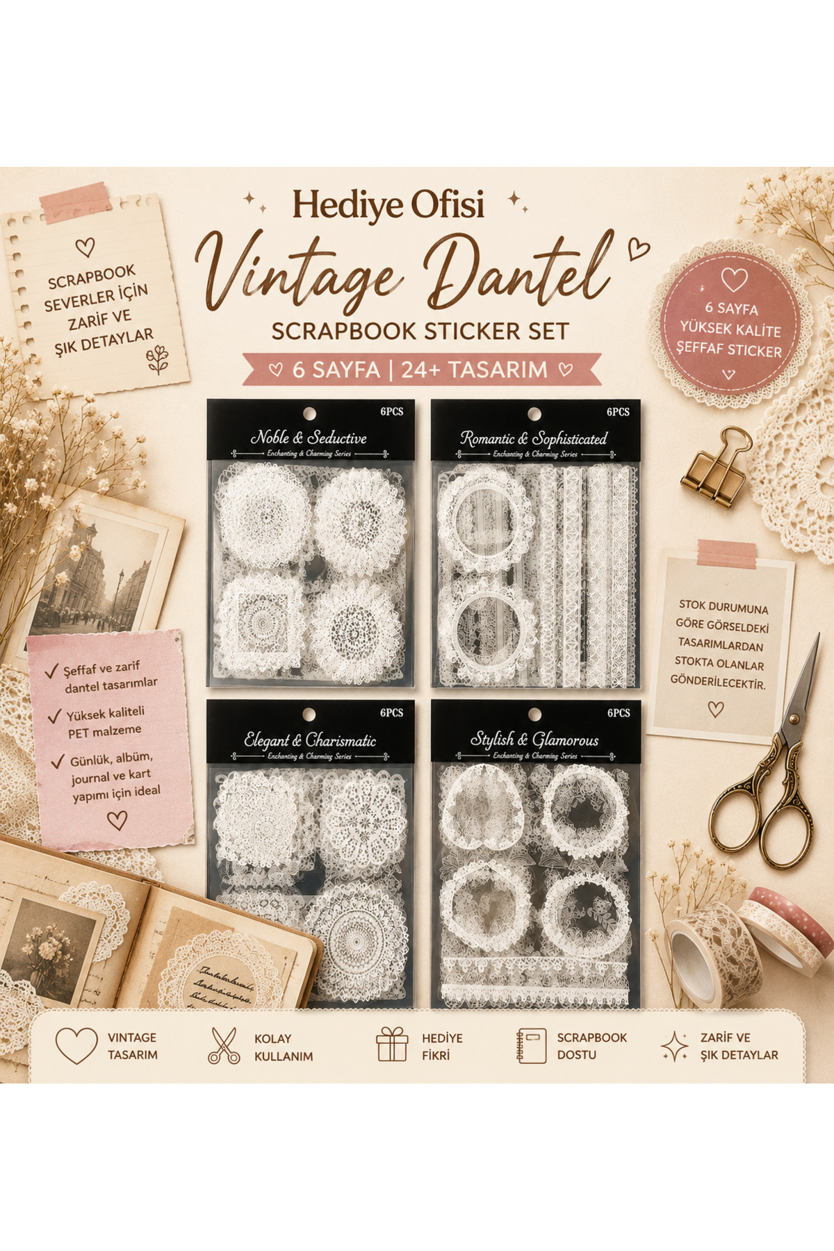 hediyeofisi Vintage Dantel Scrapbook Sticker Set 6 Sayfa - Fiyatı