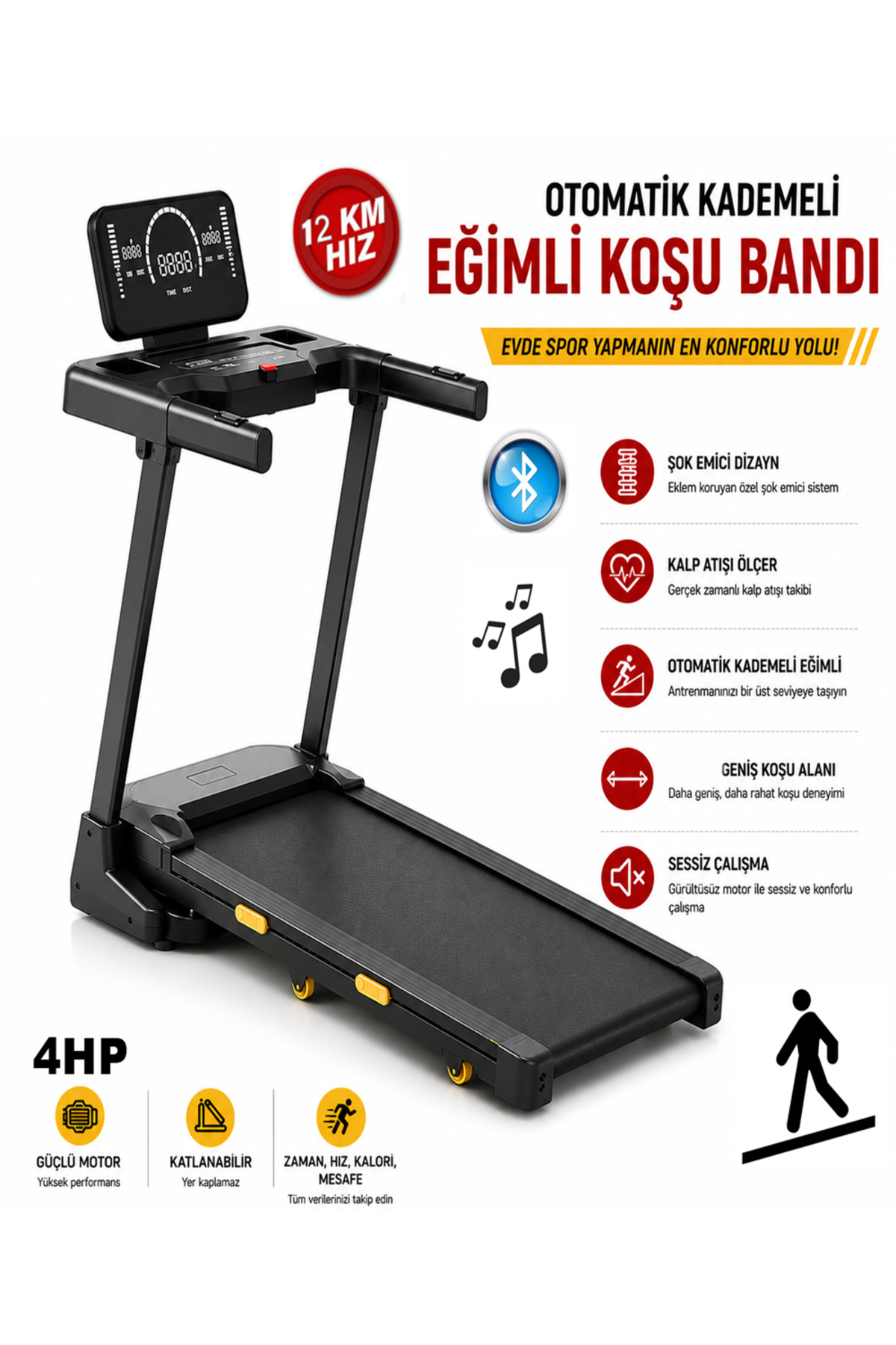 Raiden KB-900 Koşu Bandı 4HP Motor Katlanabilir Kademeli Otomatik Eğim Bluetooth Hoparlörlü Ev Tipi Yürüyüş Bandı
