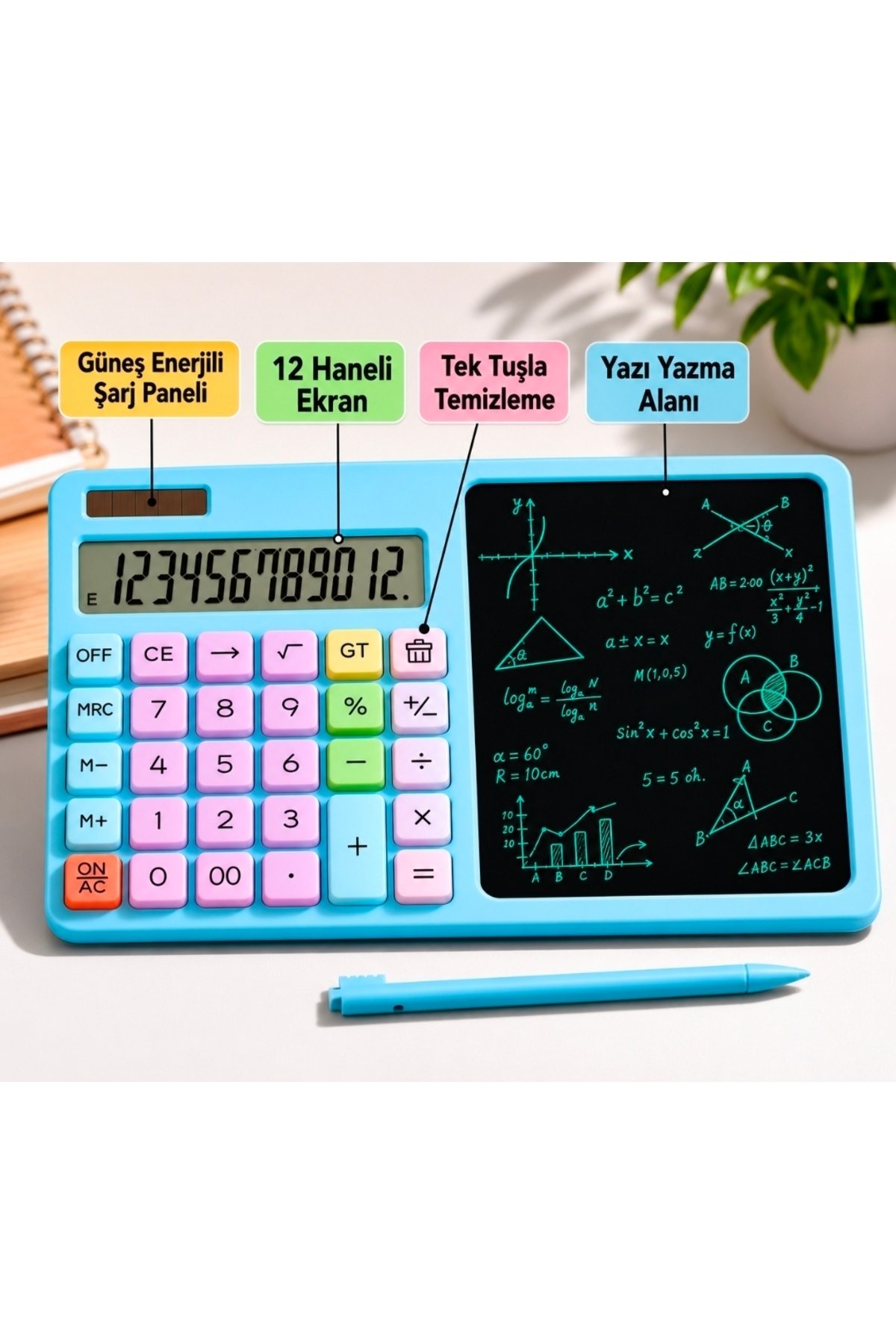 mr shopping MR LCD Yazı Tabletli Hesap Makinesi, 2'si 1 Arada 12 Haneli, Kalemli, Dijital Kilit Tuşlu 27x17 cm MAVİ
