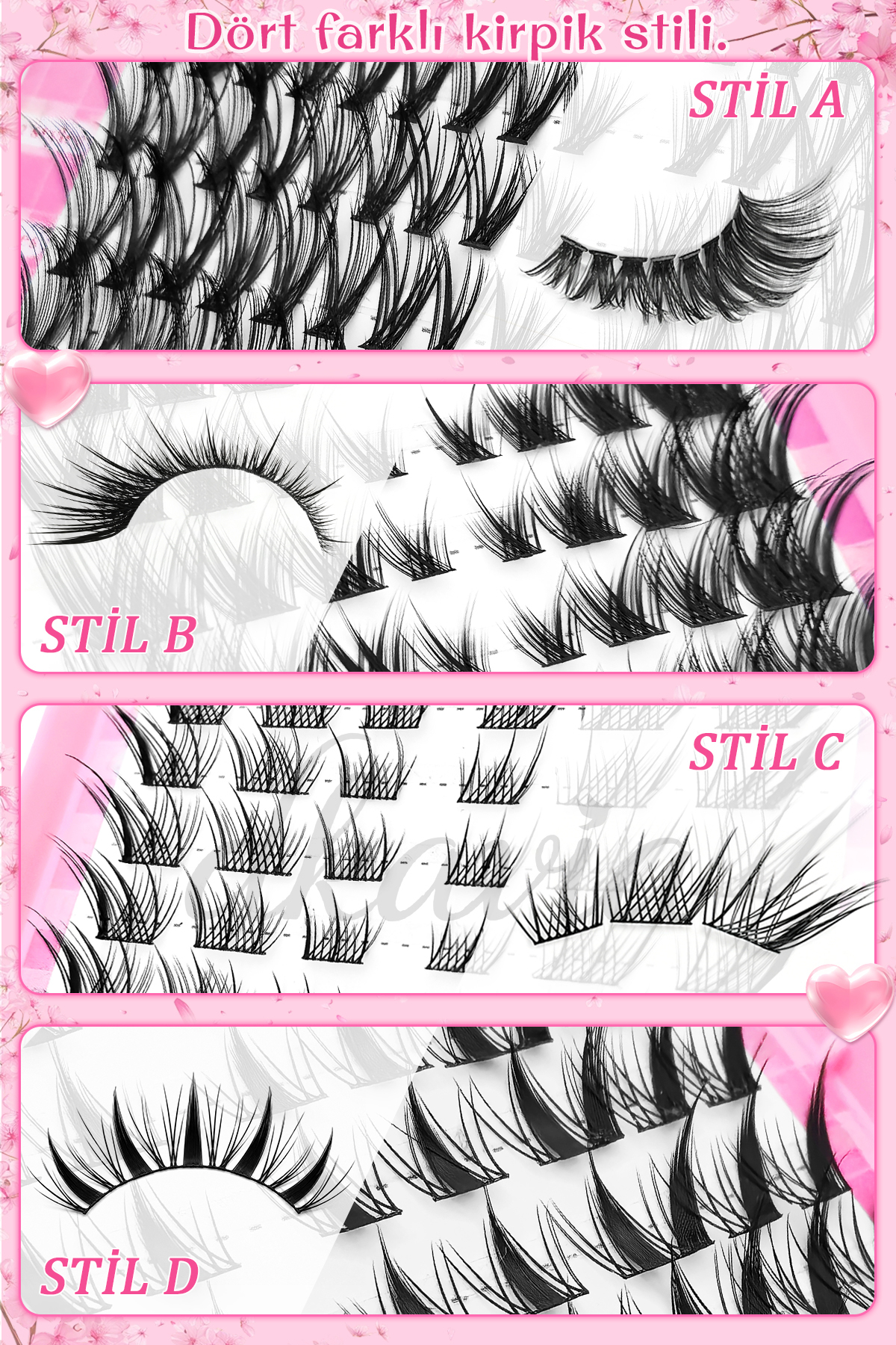 Takma Kirpik Seti 4 Farklı Stil Kirpik, Yapıştırıcı ve Sabitleyici, Cımbız ve Çift Taraflı Kirpik Fırçasıyla Cat Eye -Wispy Doll Eye- Manga- Natural — DK2605 — تصویر 4 از 5