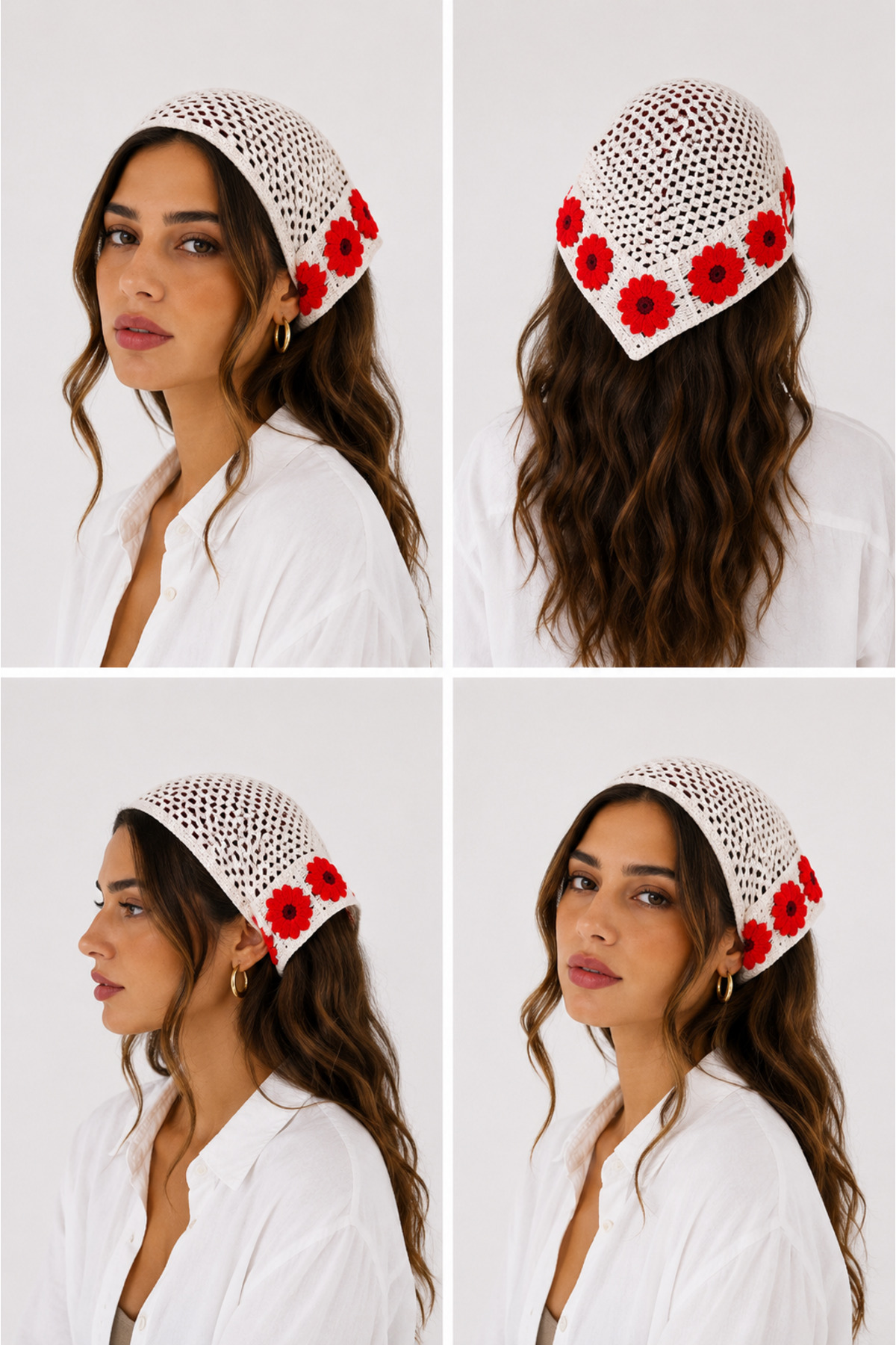Kadın Örgü Bandana Çiçek Motifli Yazlık Bohem Saç Bandanası