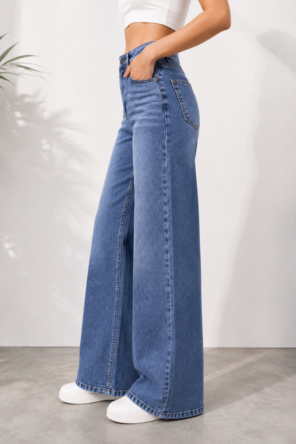Lighter Jeans Kadın Kar Mavi Yıkamalı Likralı Wide Leg Palazzo Jean Pantolon Yüksek Bel Esnek Bol Paça Denim görsel 2