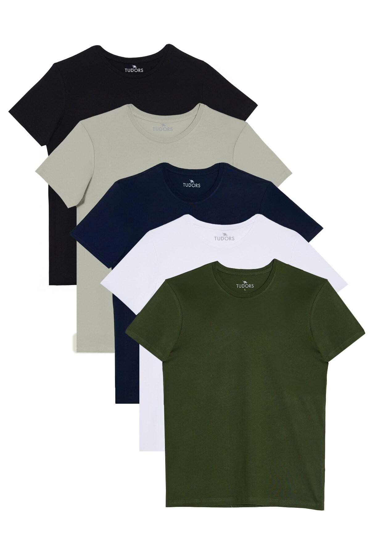 Tudors Unisex 5'li Paket Siyah-Gri-Lacivert-Beyaz-Yeşil Slim Fit Dar Kesim %100 Pamuk Bisiklet Yaka Tişört