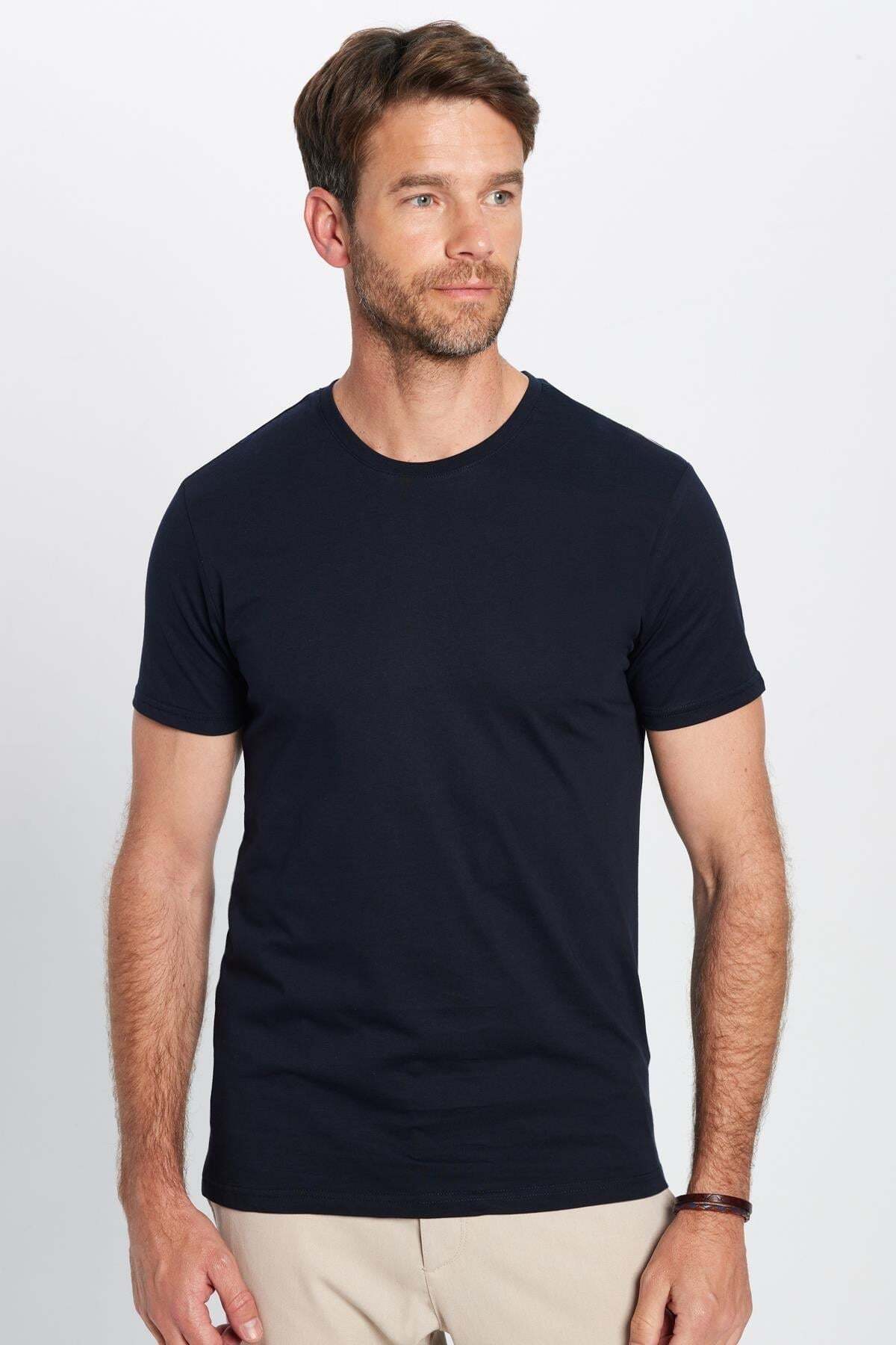 Tudors Unisex 5'li Paket Siyah-Gri-Lacivert-Beyaz-Yeşil Slim Fit Dar Kesim %100 Pamuk Bisiklet Yaka Tişört görsel 4