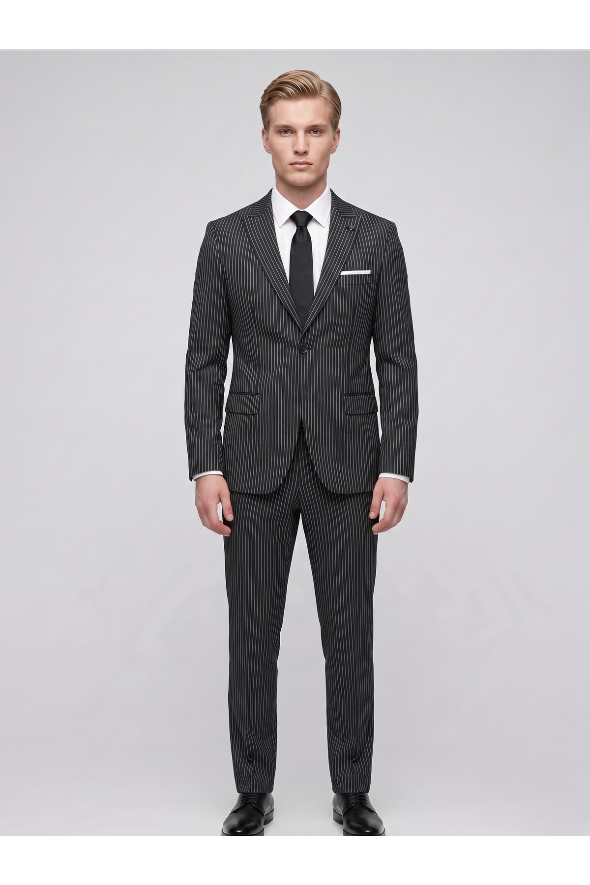 Erkek Çizgili Takım Elbise – Slim Fit Modern Kesim Şık Klasik Ceket Pantolon Takım — مشکی PRA-14288080-657897