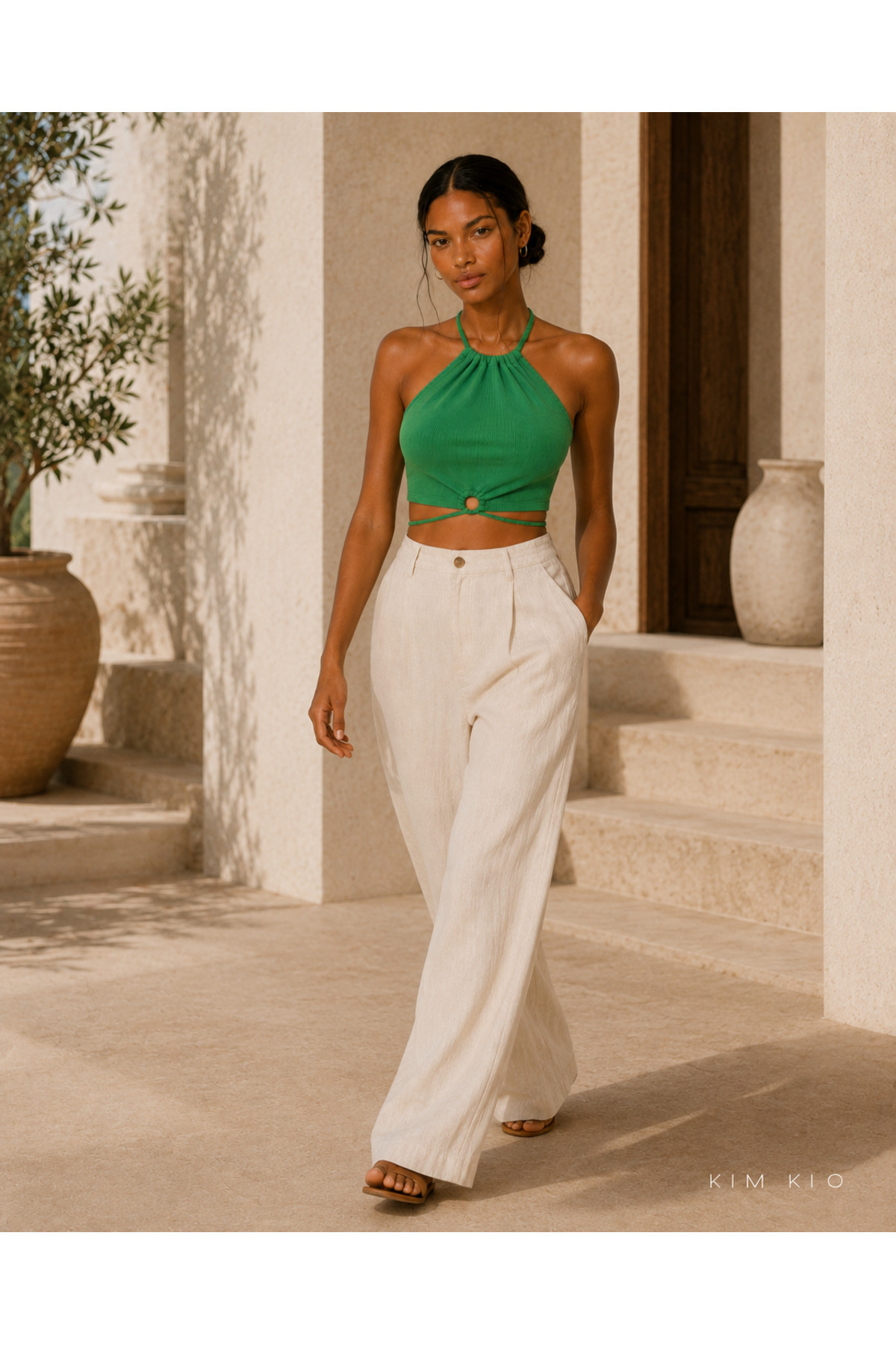 KİM Kİ O Kadın Halter Yaka Ön Halkalı Bağlamalı Kaşkorse Crop Top görsel 5