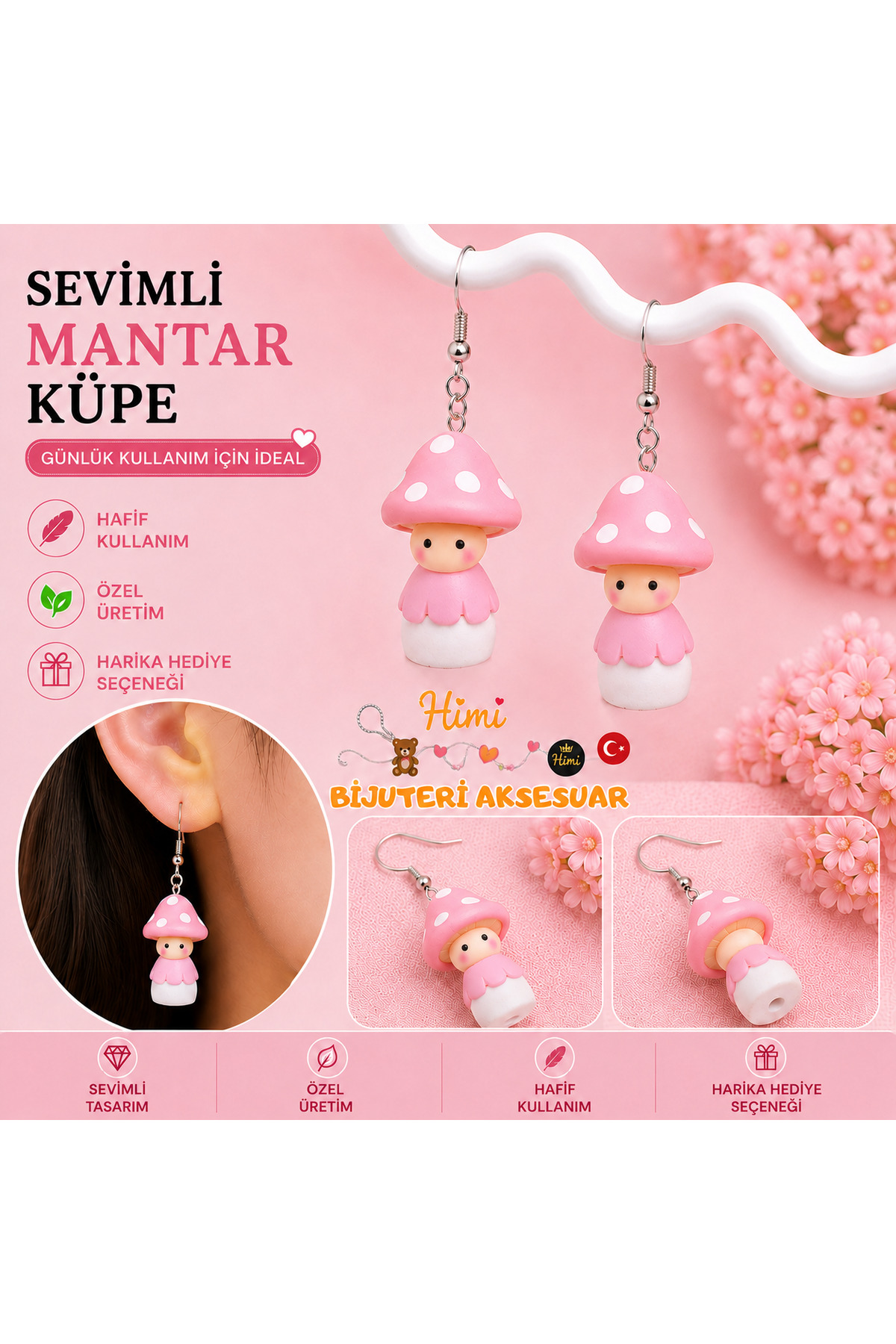 Sevimli Pembe İnsan Mantar Figürlü Sallantılı Küpe Hafif Tasarım Günlük Kullanım Bijuteri Çocuk Küpesi