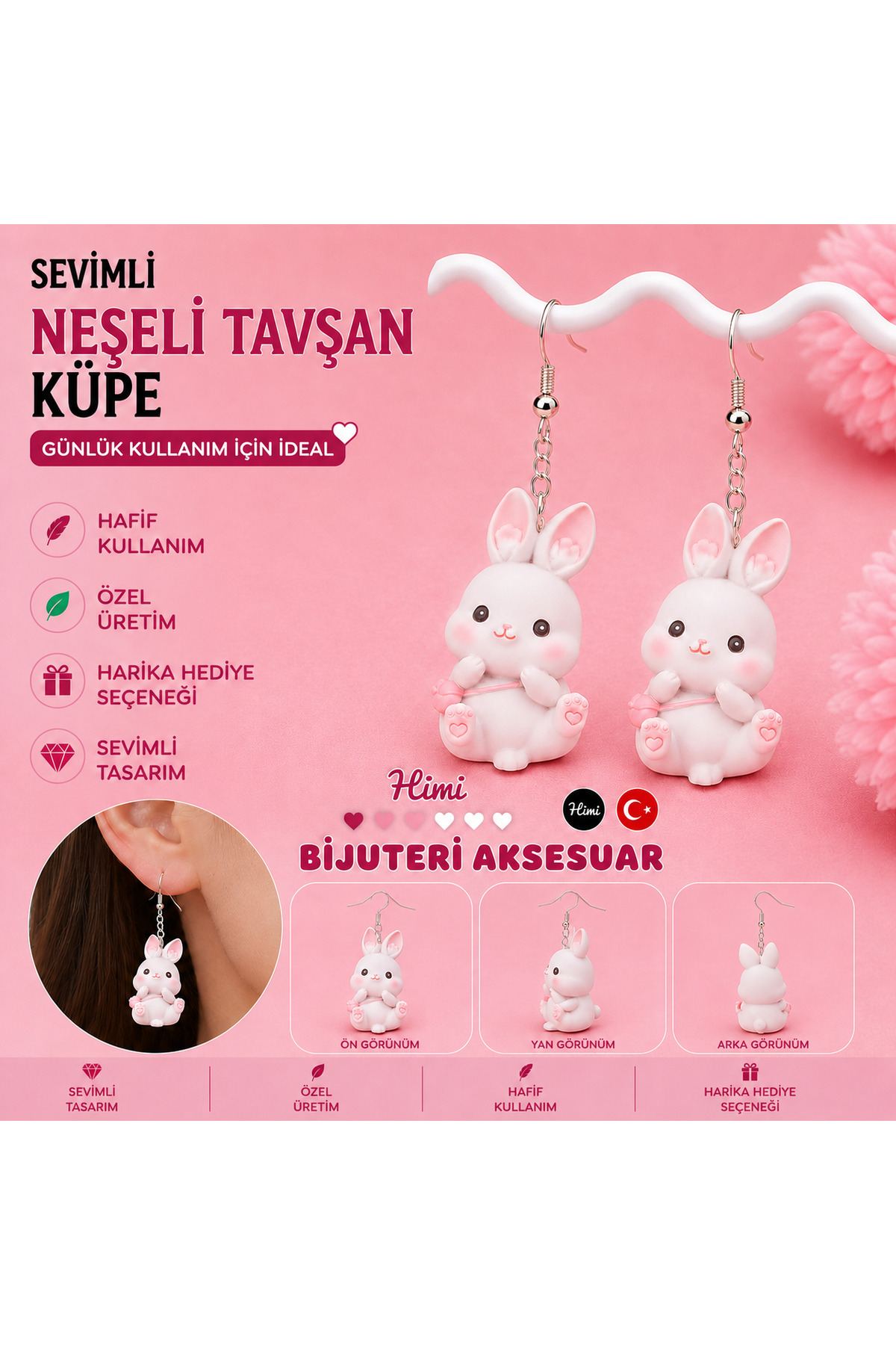 Neşeli Tavşancık Hayvan Figürlü Sallantılı Küpe Hafif Tasarım Günlük Kullanım Bijuteri Çocuk Küpesi