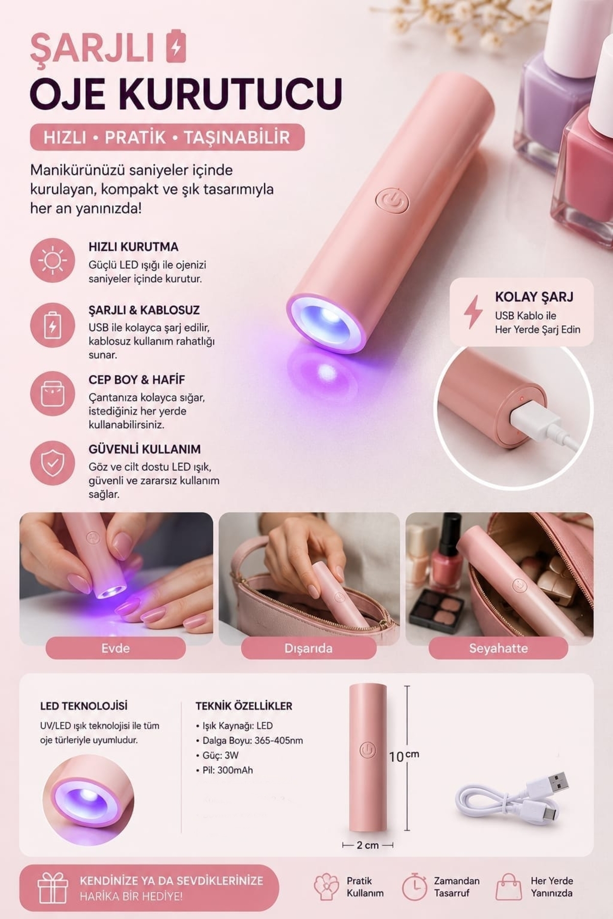 gaman UV Mini Oje Jel Kurutucu Taşınabilir Şarjlı 60-120 Saniye zaman ayarlı Pembe Fener — c21-ojekurutucupembe-da