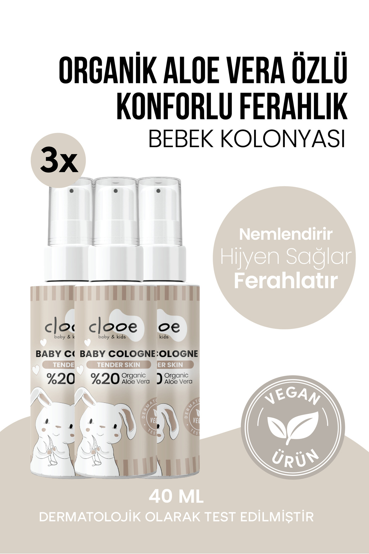 clooe 3'lü Bebek Kolonyası Tender Skin 40 ml - Pudramsı ve Yumuşak Notalı - Organik Aloe Vera Özlü - Vegan - Hızlı Kuruyan — PKA068