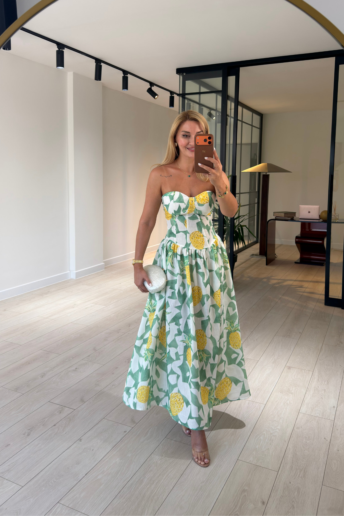 Sezgi Tekin Strapless Linen Dress with Pineapple Pattern and Chest Covering