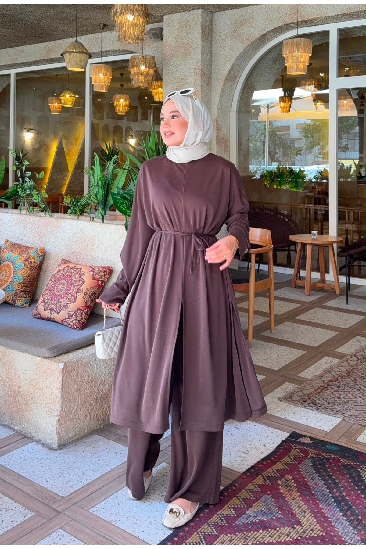 nurvina modest wear Modal Pike Slit Detailed Tunic, Wide Leg Pants Summer Oversize Set Brown