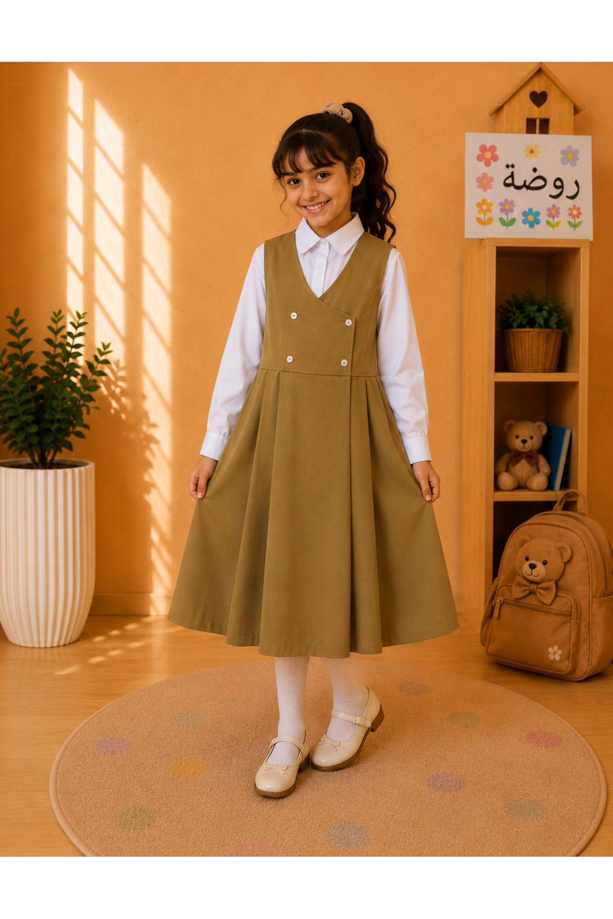 Girls Kindergarten School Uniform TR Pinafore with White Shirt – Beige (مريول روضة بناتي مع قميص أبيض – بيج)