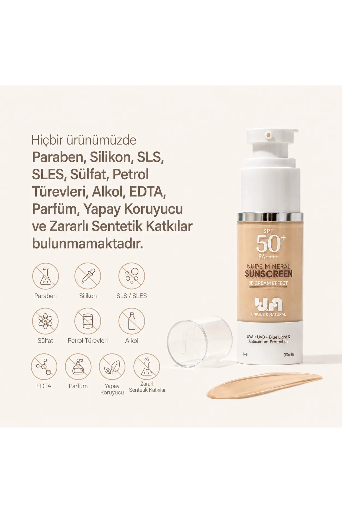 BB Krem Etkili %100 Mineral Filtreli Nude Güneş Kremi - 50+ SPF — gunes-kremi-nude — تصویر 6 از 6