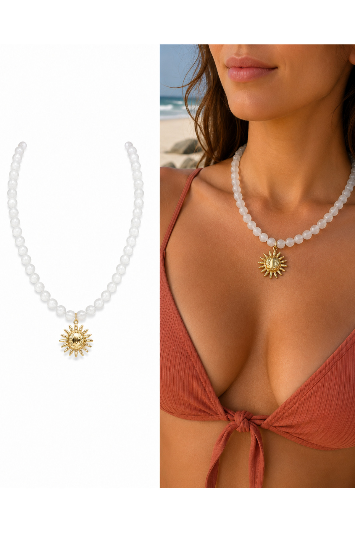 Gold Güneş Charm Beyaz Renk Yazlık Boncuk Kadın Kolye