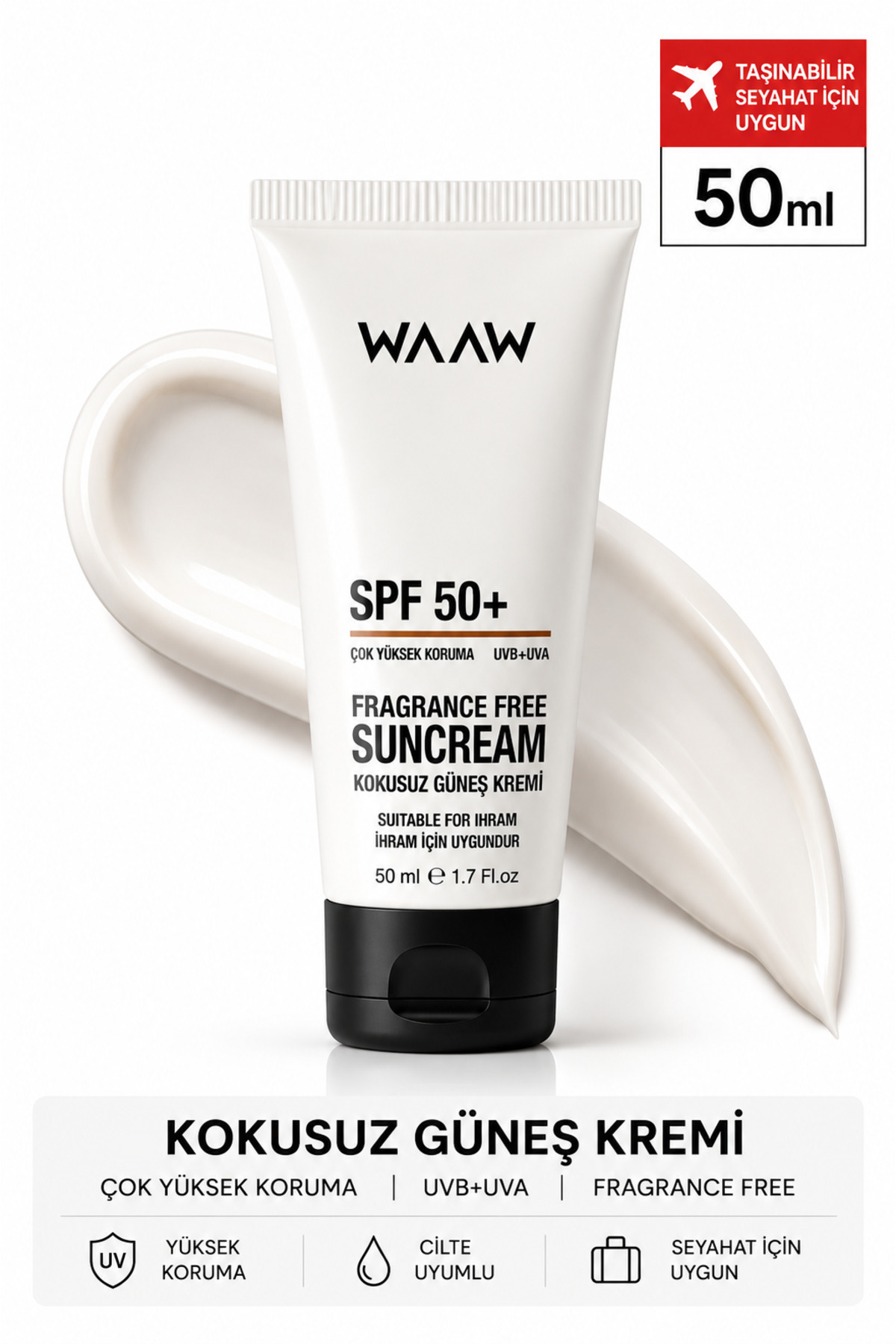 Waaw Hac ve Umre İçin İhrama Uygun Kokusuz Güneş Kremi SPF 50+ 50 ml