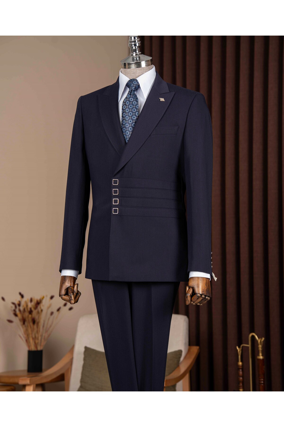 TerziAdemAltun Slim Fit Men's Pointed Collar Stripe Detailed Jacket Trousers Suit Navy Blue T20146-02