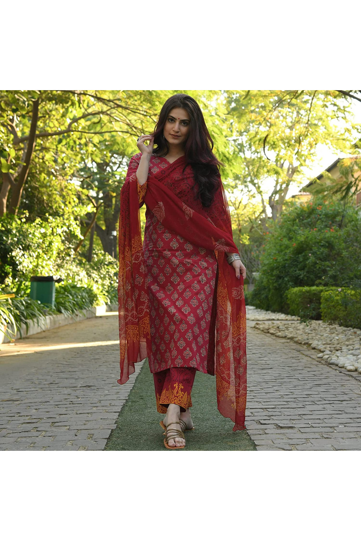 MYSMAR Maroon Rayon Salwar Kameez & Dupatta Set - ALV2009 | Maroon-Size-M-38Inches