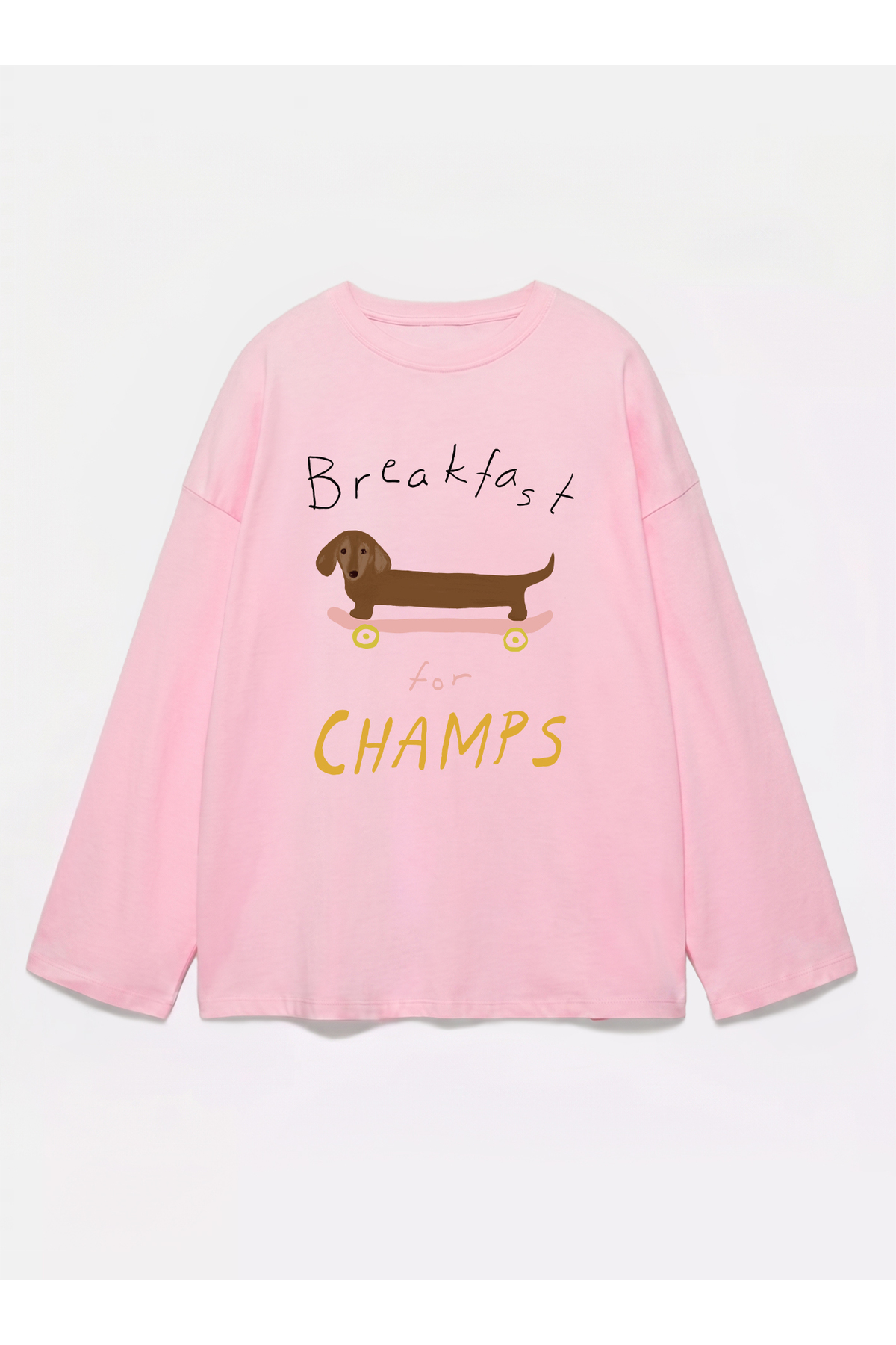 Disante %100 Pamuk Oversize Fit Breakfast Champs Baskılı - Bisiklet Yaka Uzun Kollu T-shirt