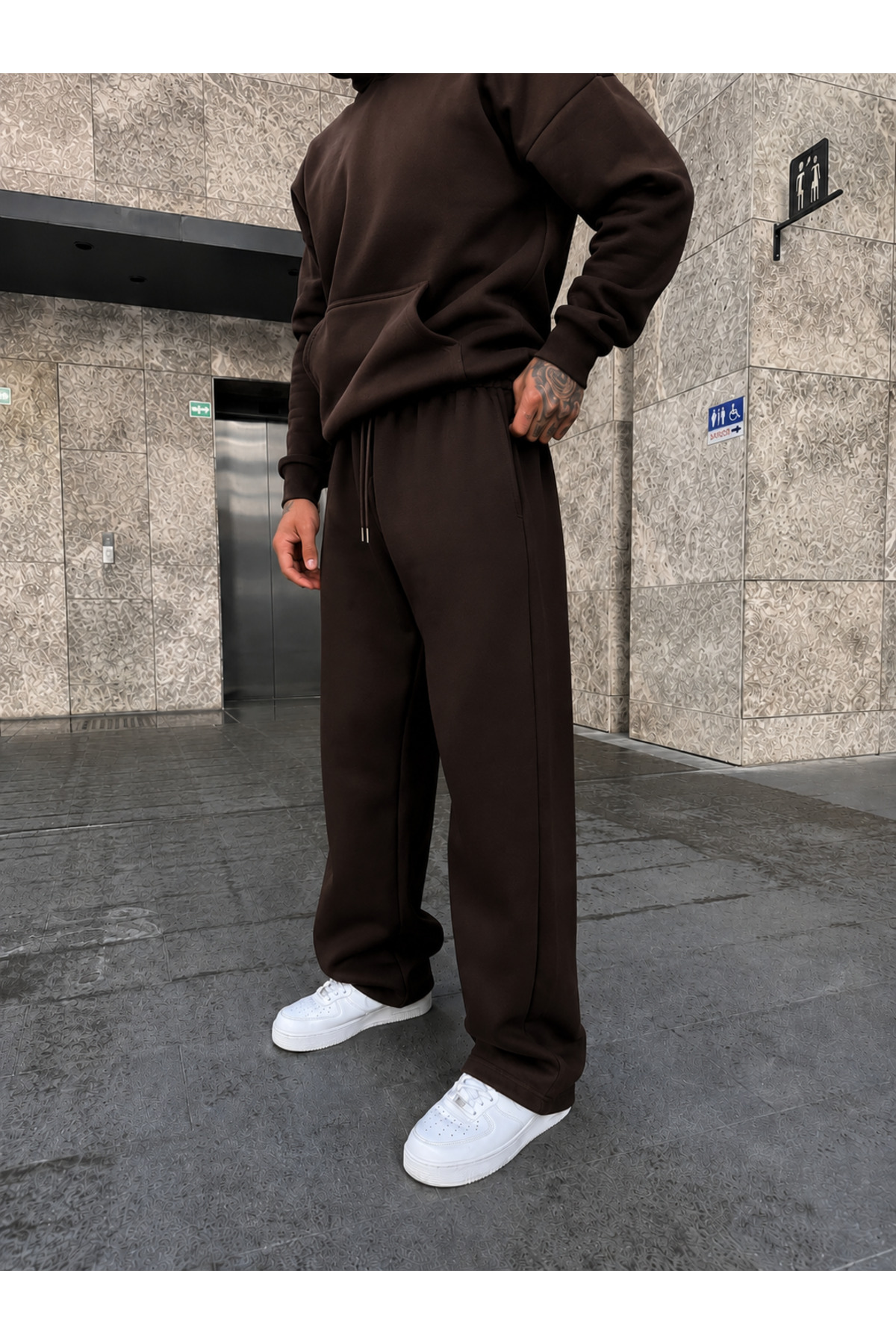 ERKEK Oversize Baggy Kalıp Uygun Basic Günlük Eşofman Takımı — قهوه‌ای BRNSFTK7 — تصویر 2 از 4