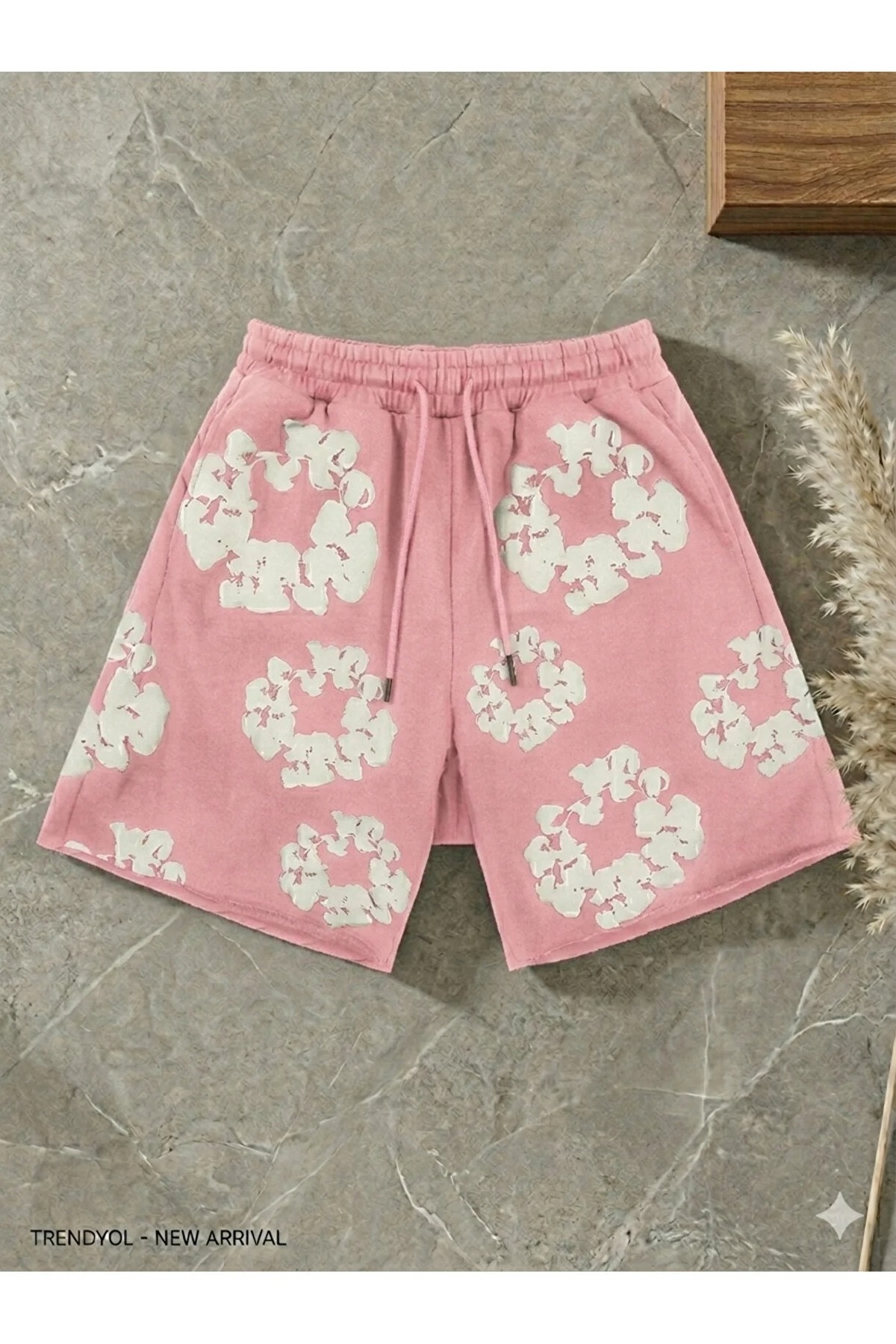 LAND MODA PEMBE Şort Trend Çiçek Desenli Unisex Oversize Şort, Unisex