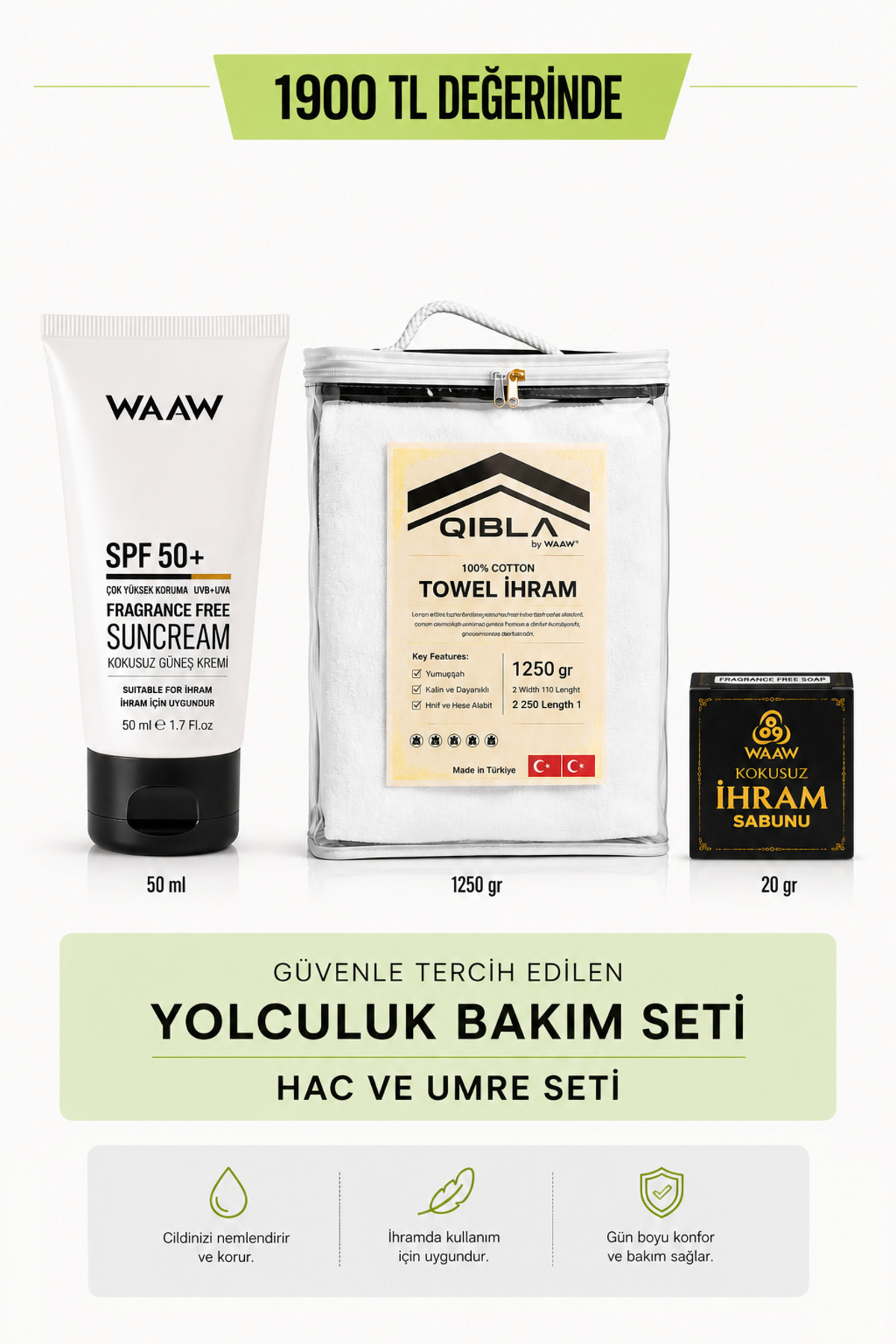 Hac Umre İhram Seti 3'lü, 1250 gr Erkek İhram Takımı, Kokusuz Güneş Kremi, İhram Sabunu — 8684068101385