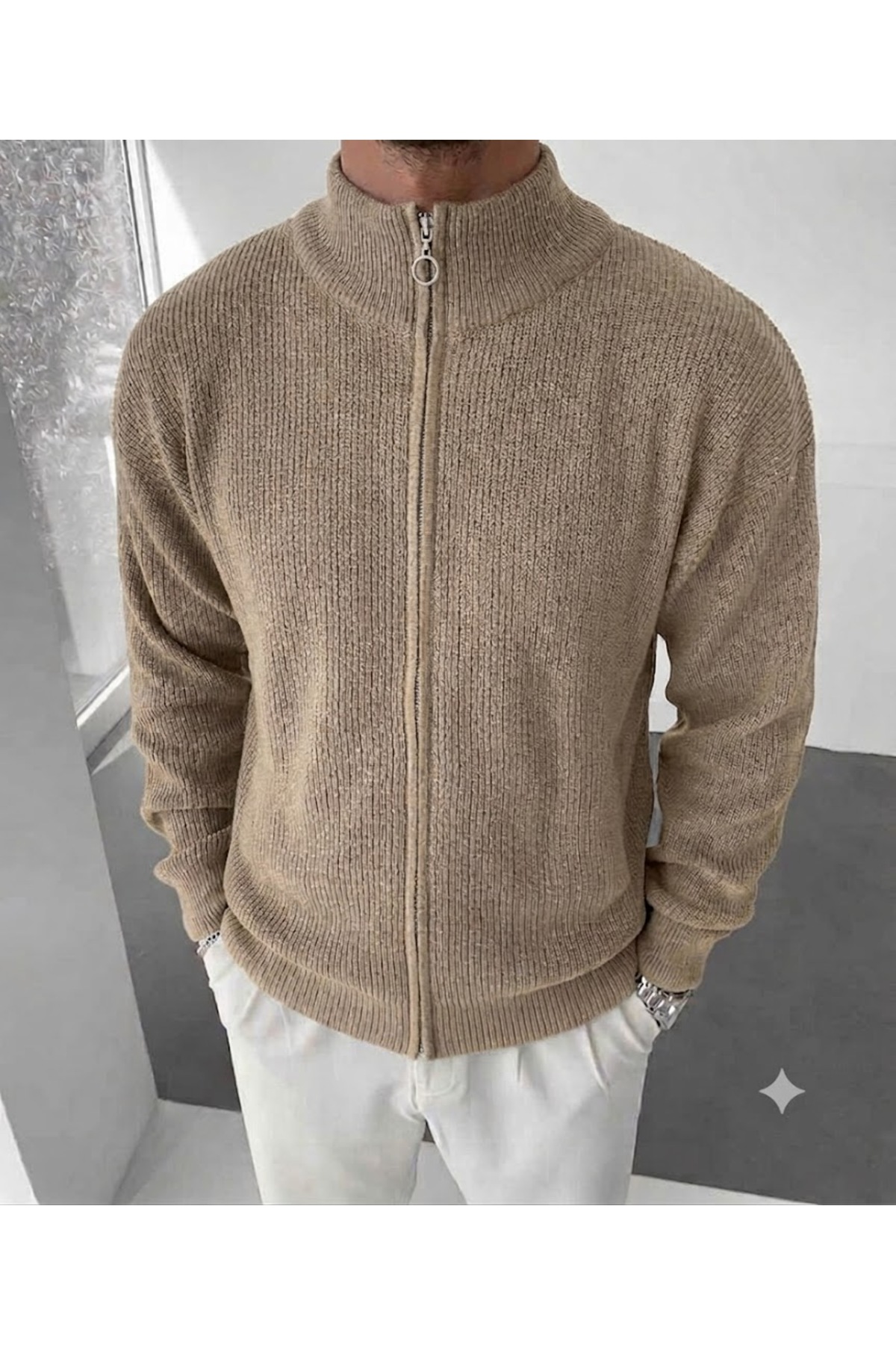 zs zaos fashion erkek kalın kışlık tam fermuarlı hırka kazak uzun kollu % 100 pamuk regular kalıp basic triko